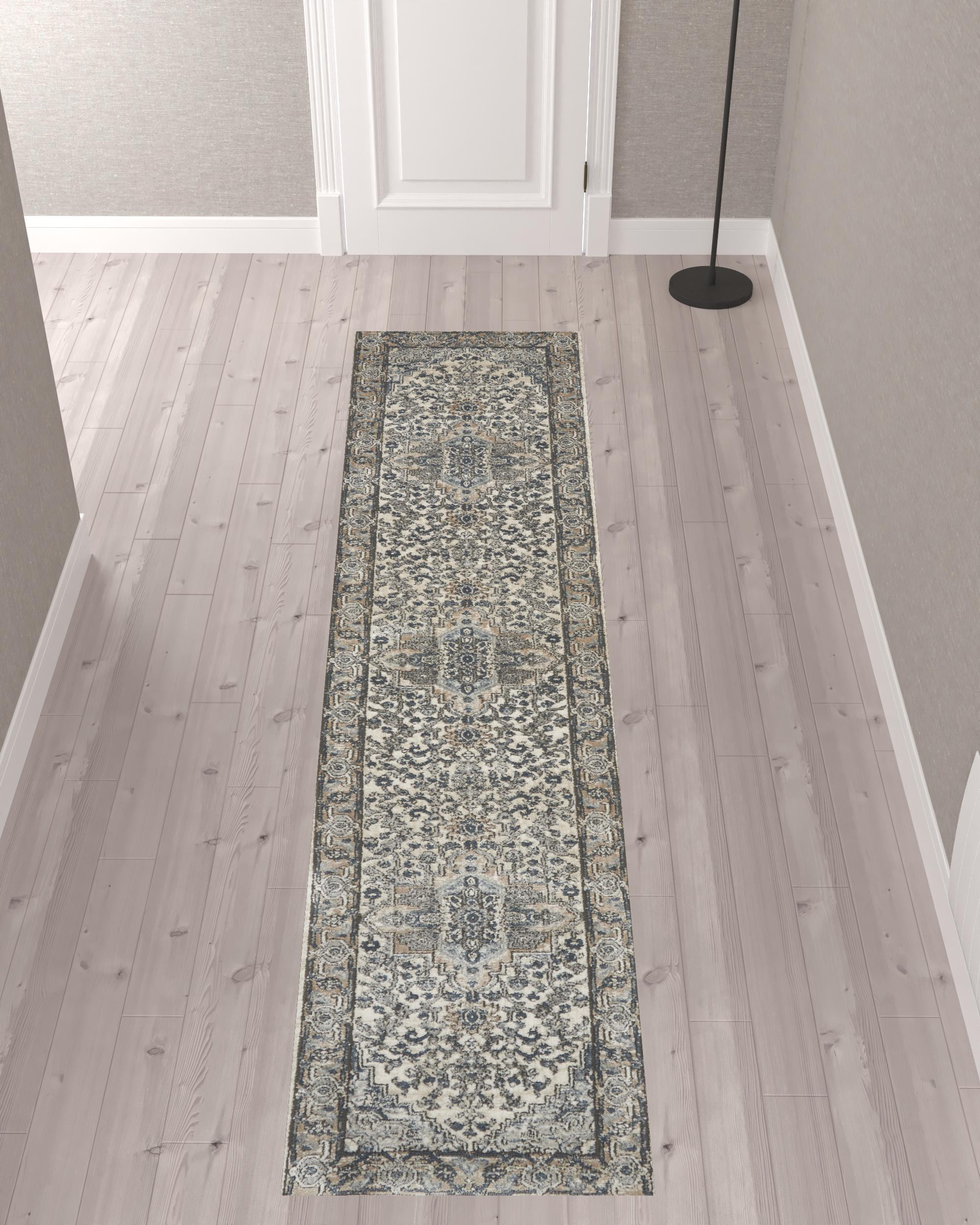 10" Gray and Ivory Medallion Power Loom Runner Rug