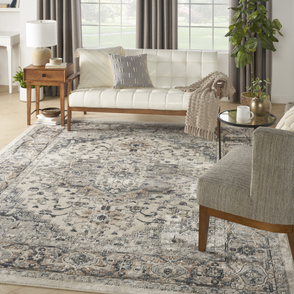 9" X 12" Ivory Floral Power Loom Area Rug