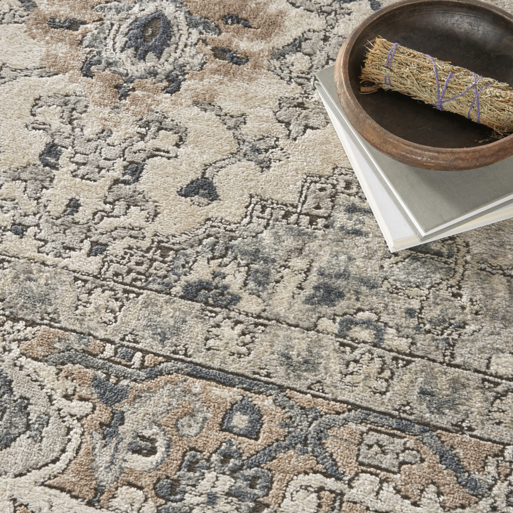 9" X 12" Ivory Floral Power Loom Area Rug