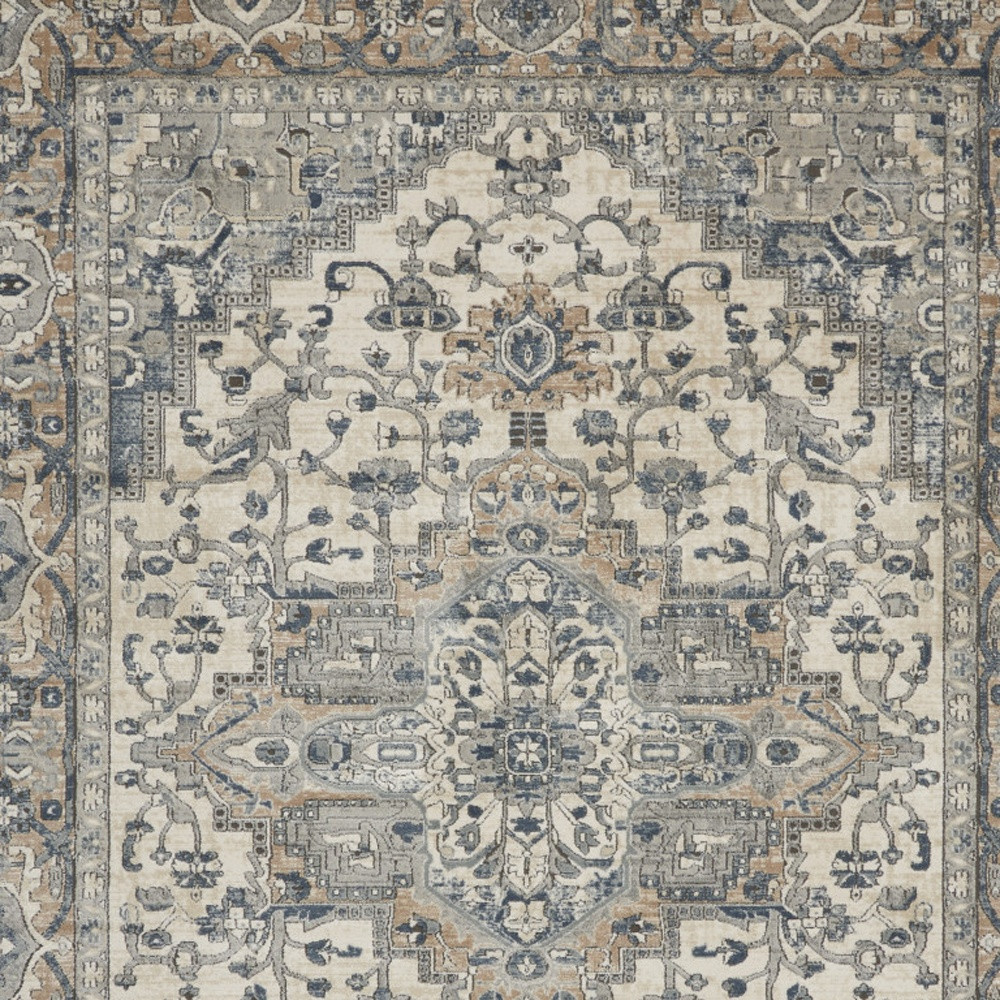 9" X 12" Ivory Floral Power Loom Area Rug