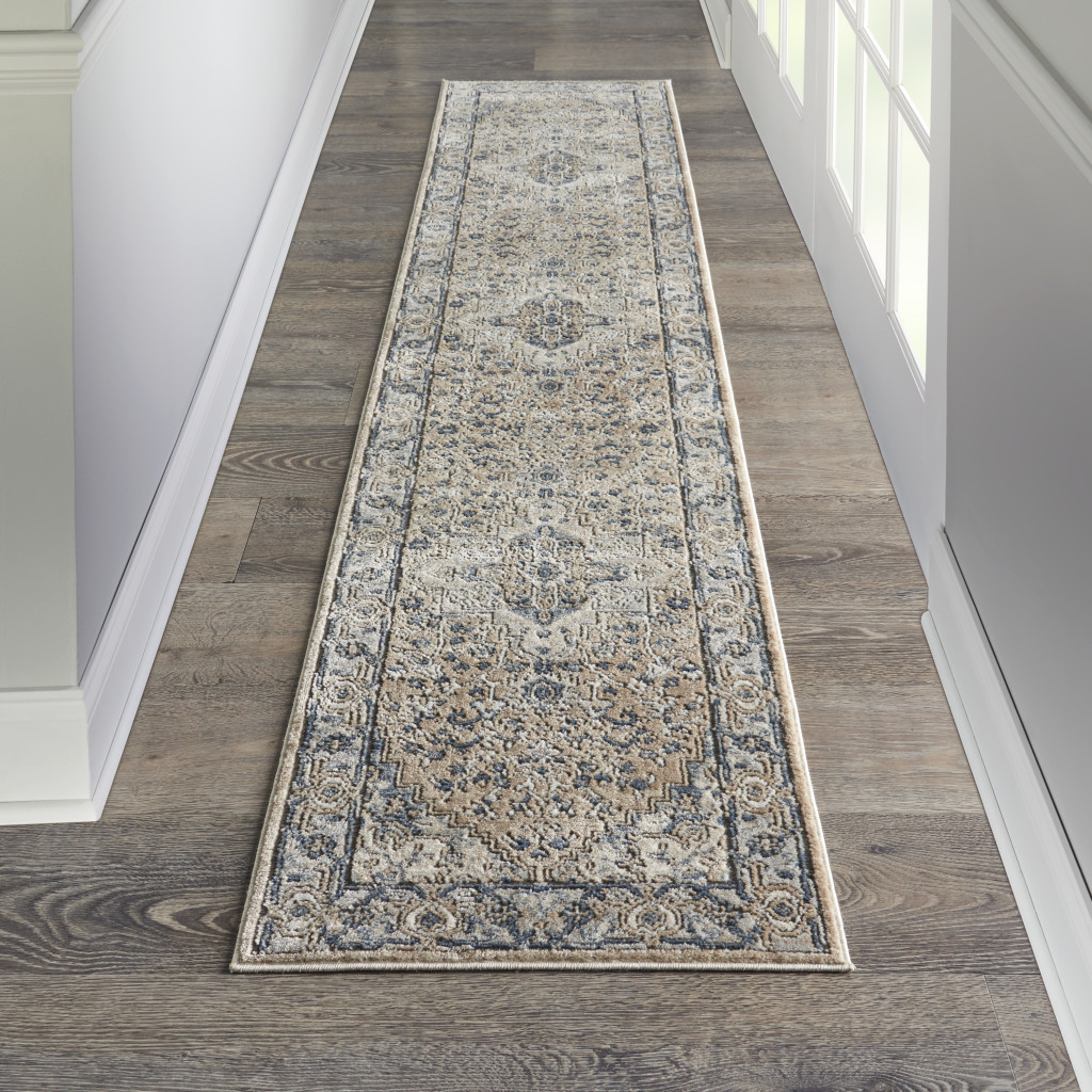 12" Gray and Ivory Medallion Power Loom Runner Rug