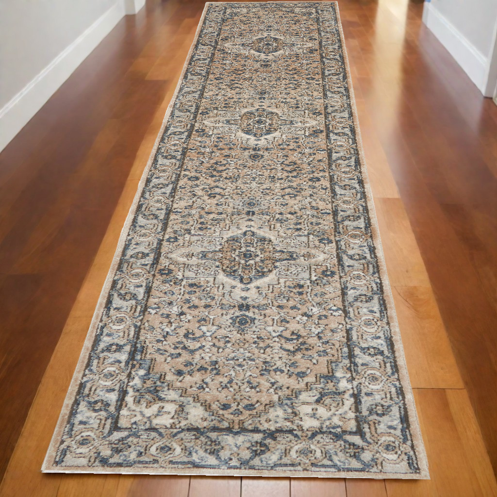 12" Gray and Ivory Medallion Power Loom Runner Rug
