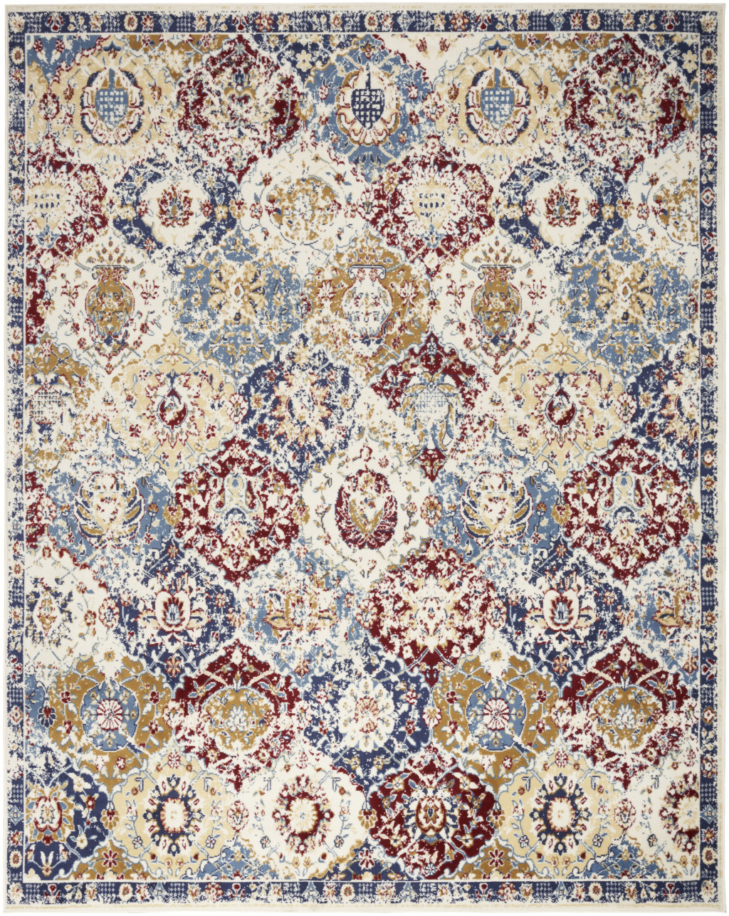 6" X 9" Navy Blue Damask Power Loom Distressed Area Rug