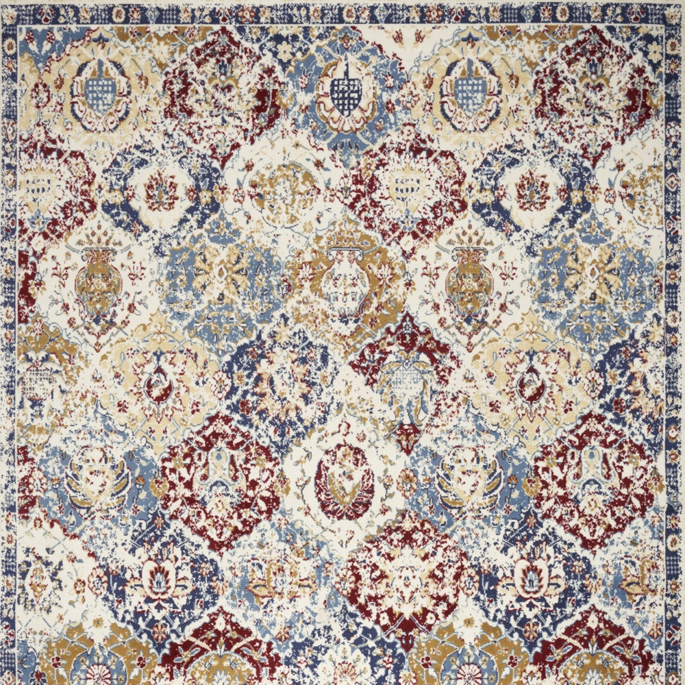 6" X 9" Navy Blue Damask Power Loom Distressed Area Rug
