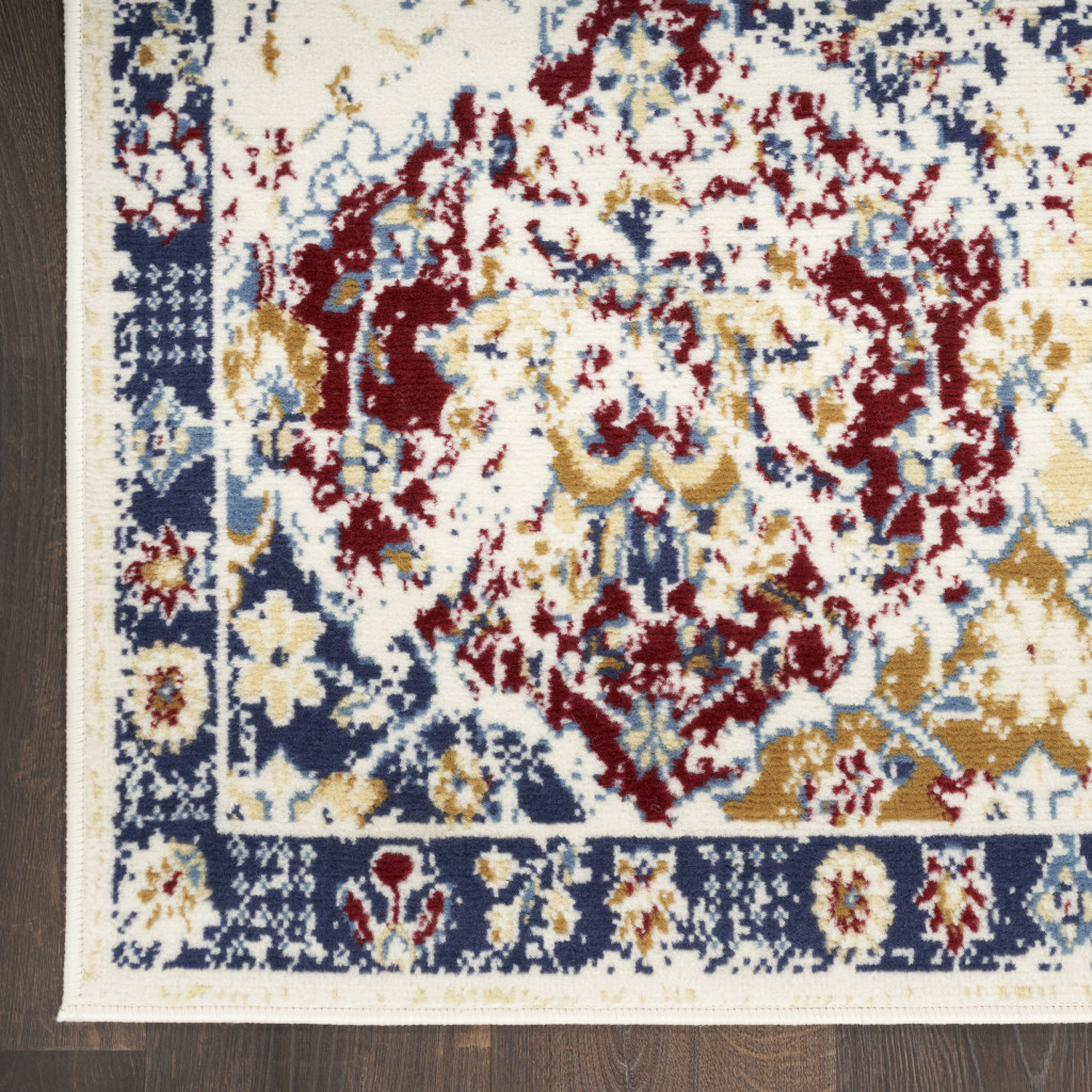 6" X 9" Navy Blue Damask Power Loom Distressed Area Rug
