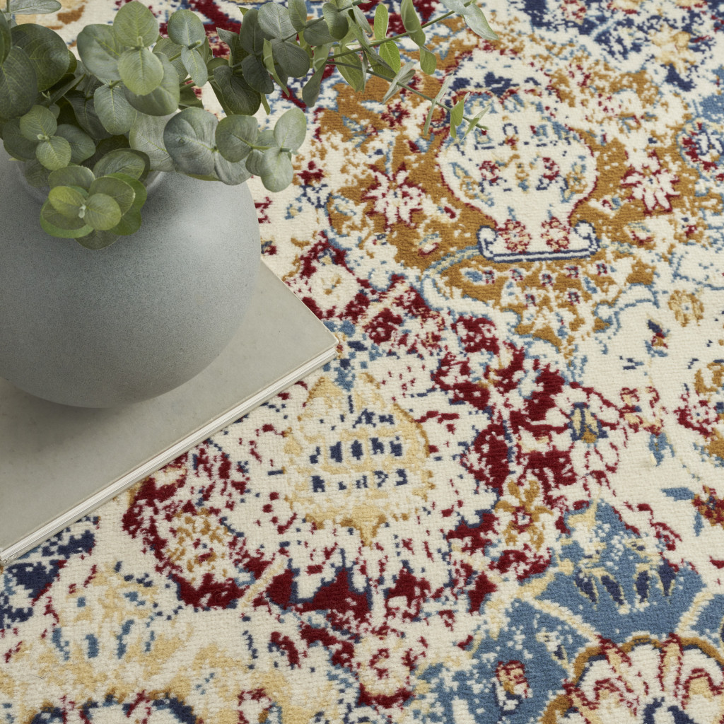 6" X 9" Navy Blue Damask Power Loom Distressed Area Rug