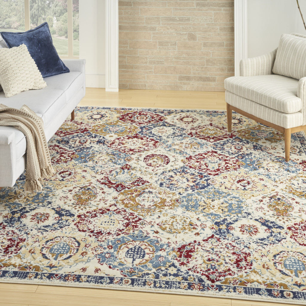 6" X 9" Navy Blue Damask Power Loom Distressed Area Rug