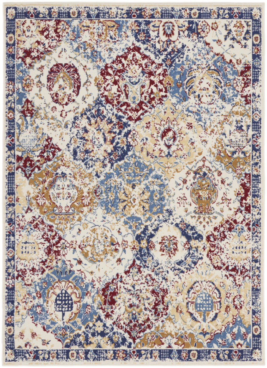 5" X 7" Navy Blue Damask Power Loom Distressed Area Rug