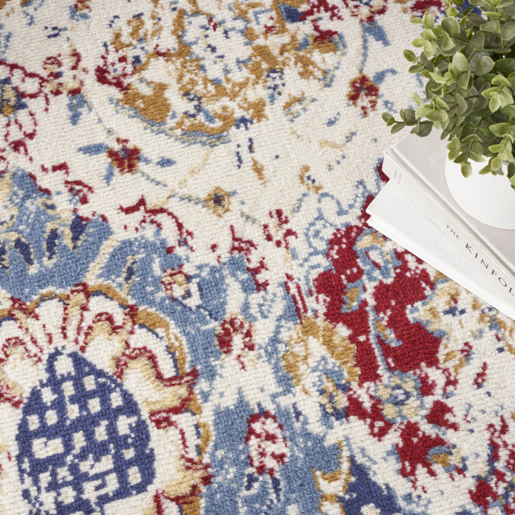 5" X 7" Navy Blue Damask Power Loom Distressed Area Rug