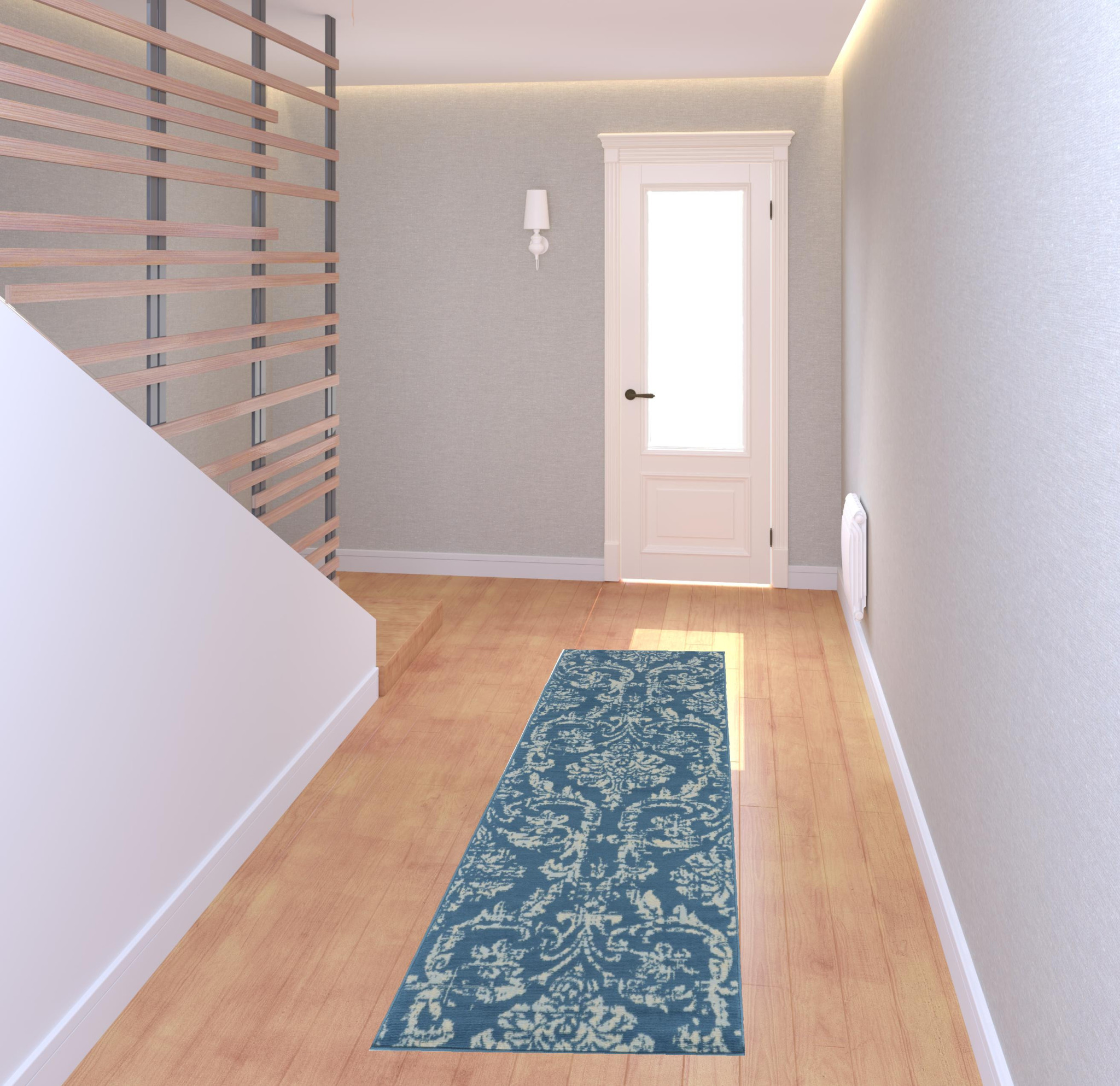 7 Blue Damask Power Loom Runner Rug