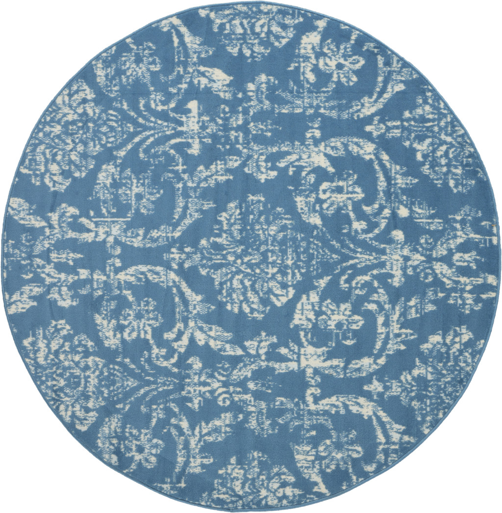 5 Blue Round Damask Power Loom Area Rug