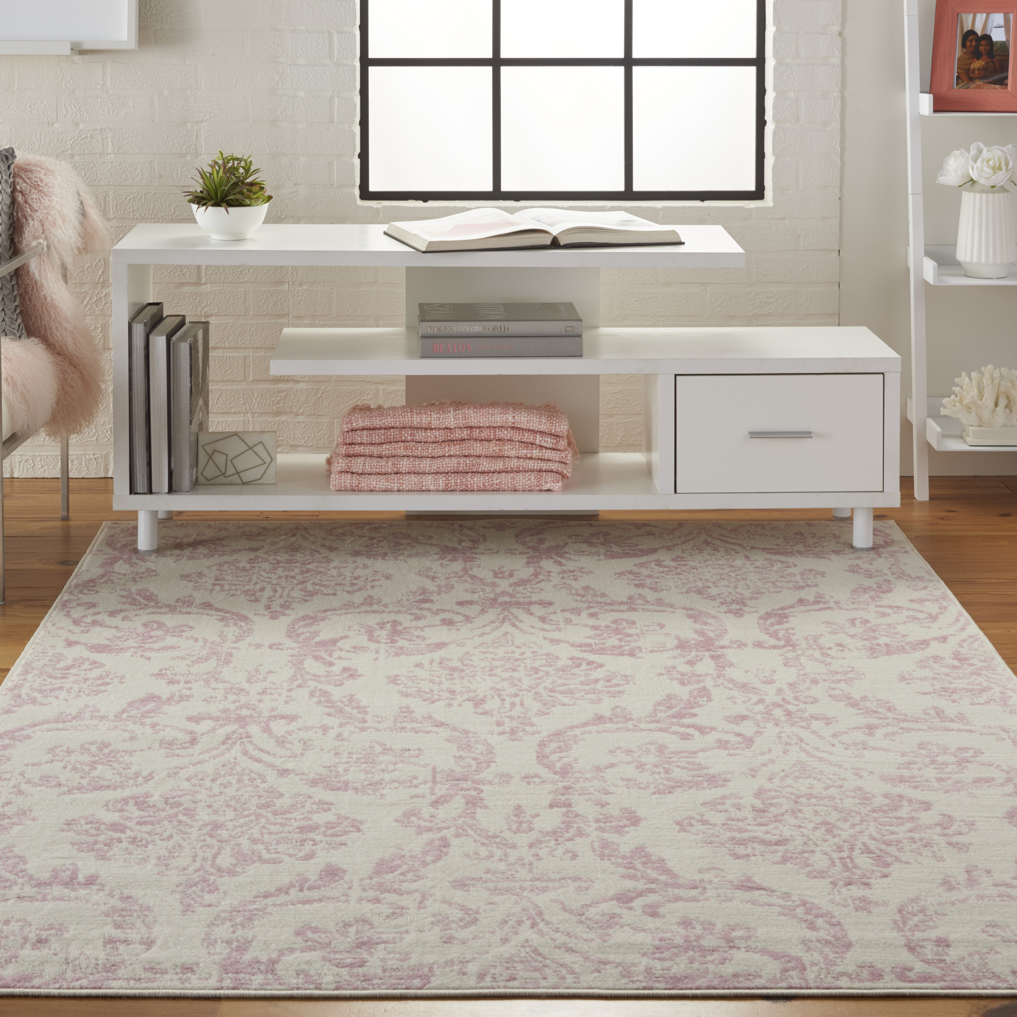 5" X 7" Cream Damask Power Loom Area Rug