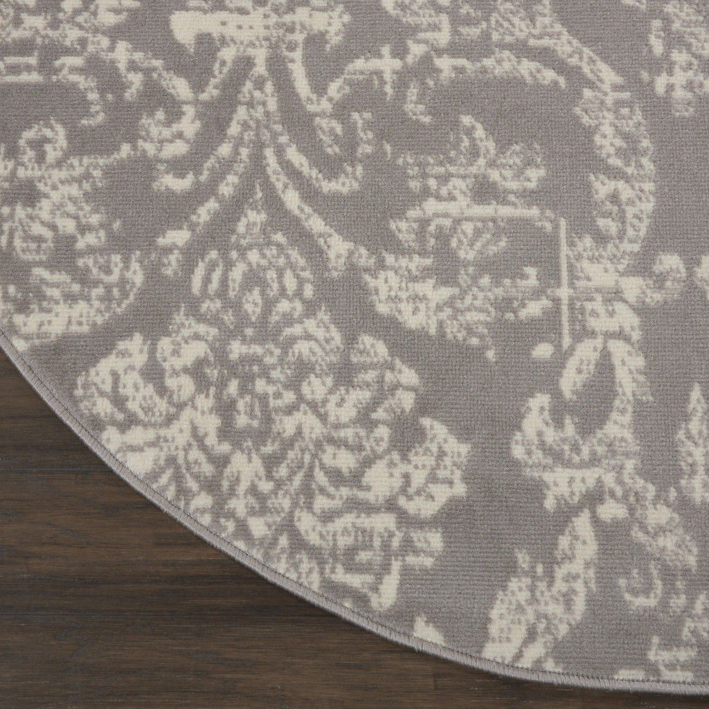 5" Gray Round Damask Power Loom Area Rug