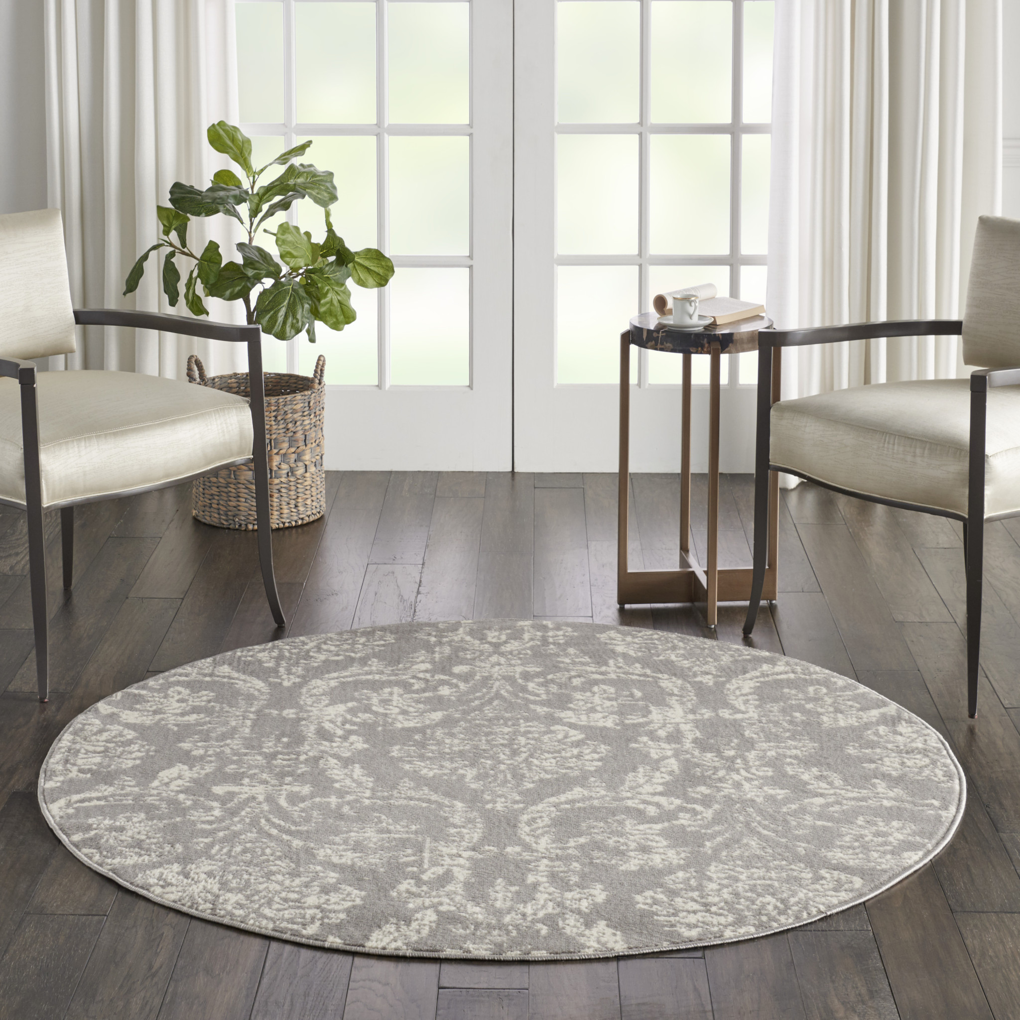 5" Gray Round Damask Power Loom Area Rug