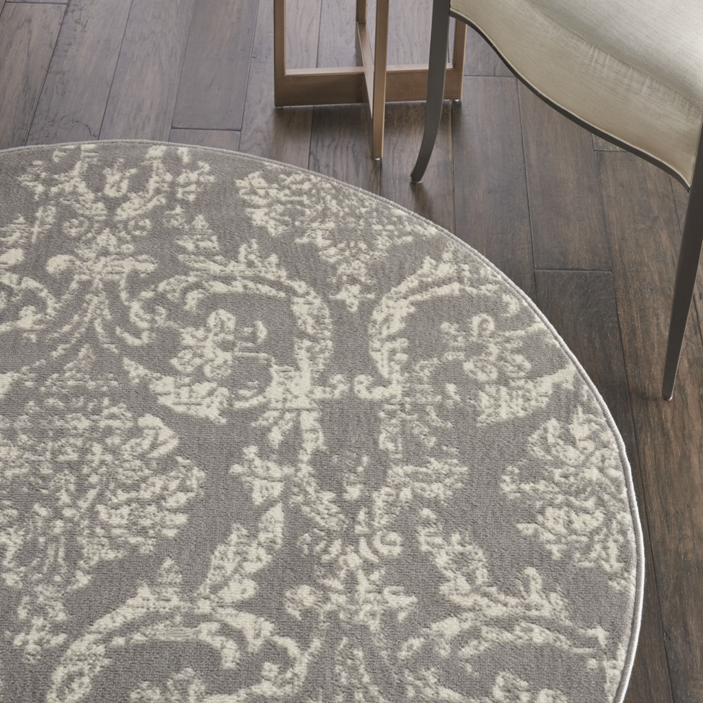 5" Gray Round Damask Power Loom Area Rug