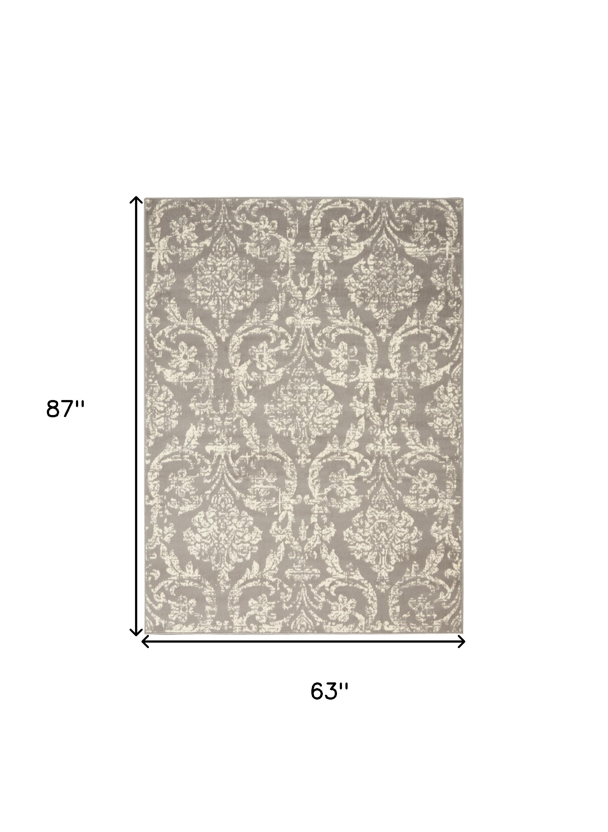 5" X 7" Gray Damask Power Loom Non Skid Area Rug