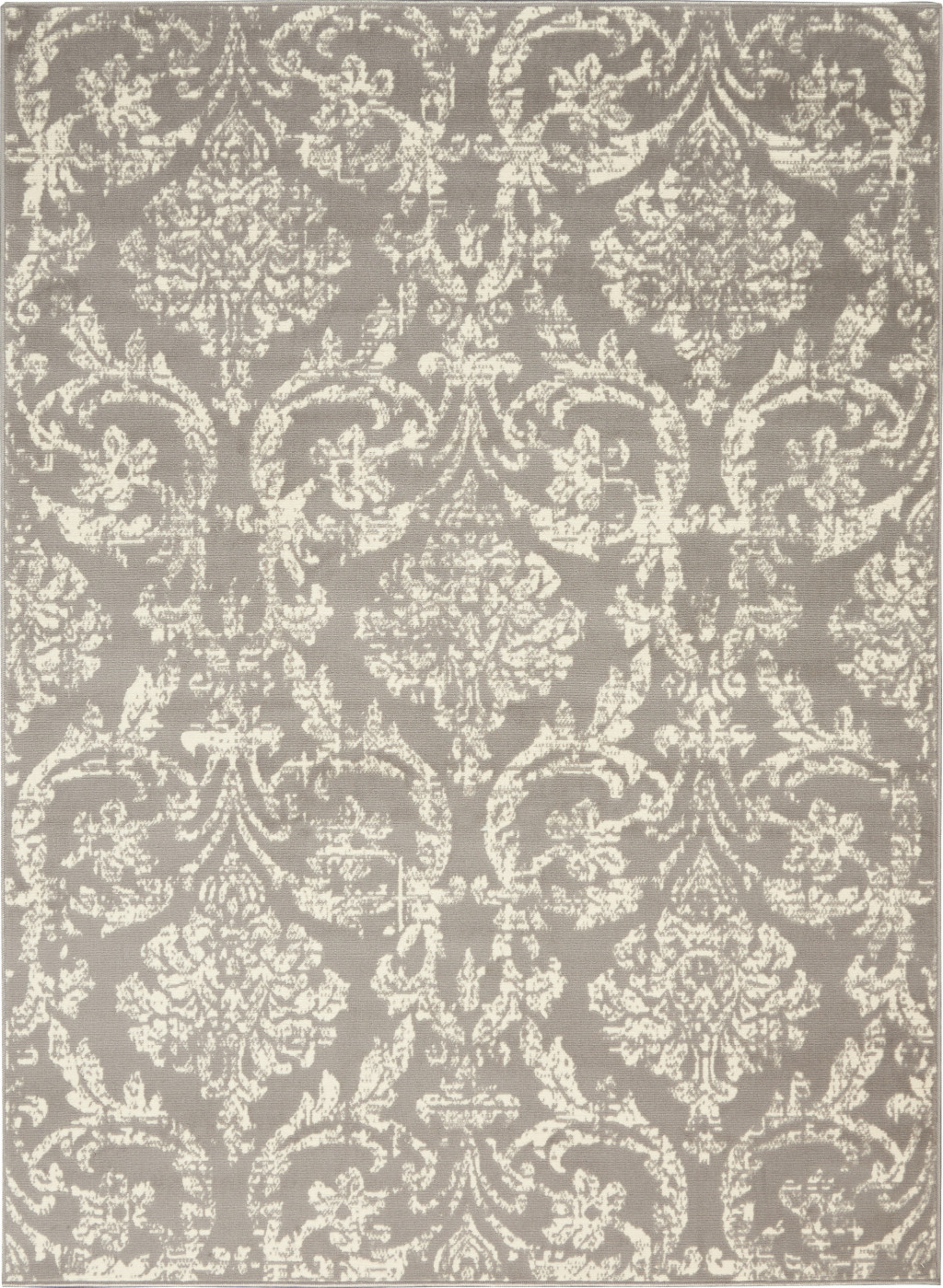 6" X 9" Gray and Ivory Damask Power Loom Distressed Area Rug