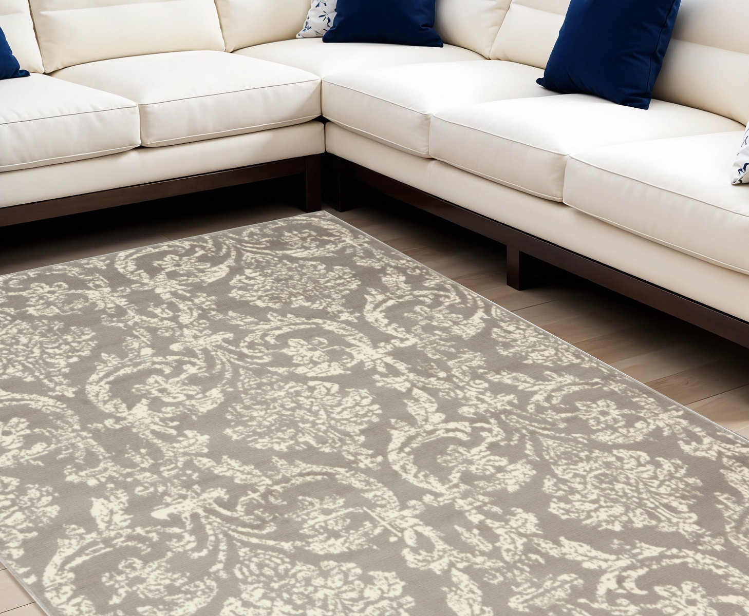 6" X 9" Gray and Ivory Damask Power Loom Distressed Area Rug