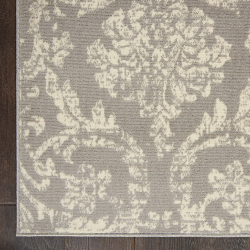 6" X 9" Gray and Ivory Damask Power Loom Distressed Area Rug