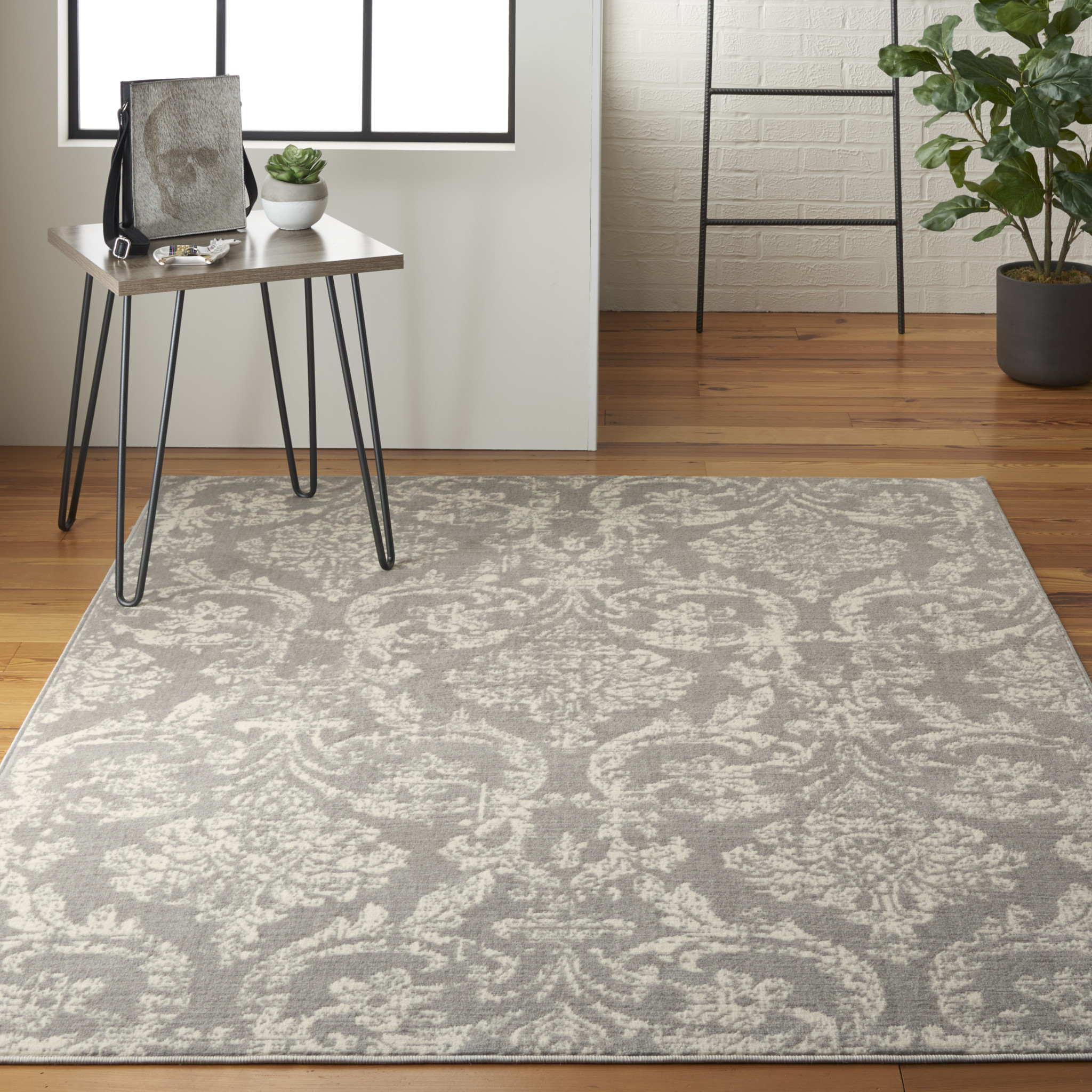 6" X 9" Gray and Ivory Damask Power Loom Distressed Area Rug