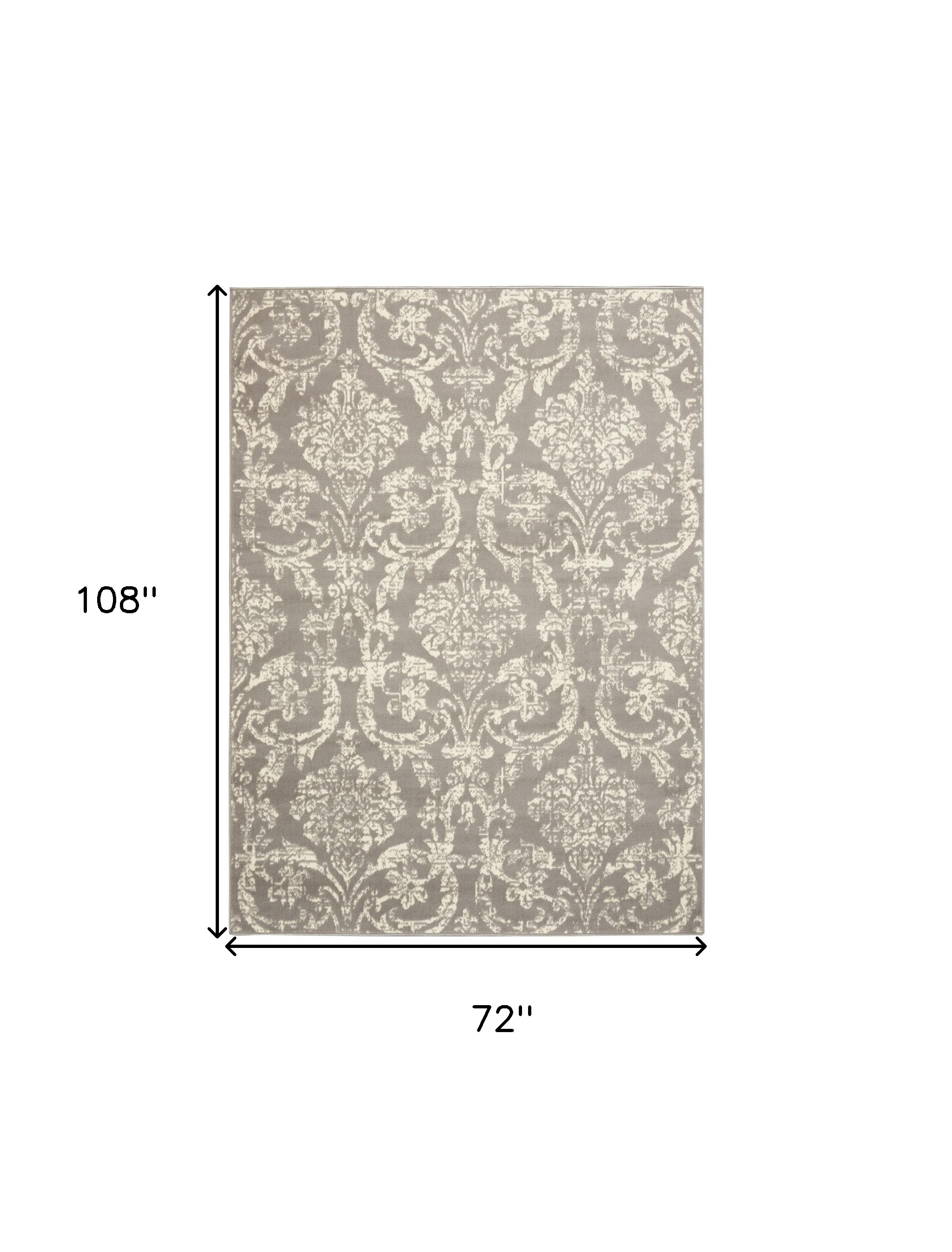 6" X 9" Gray and Ivory Damask Power Loom Distressed Area Rug