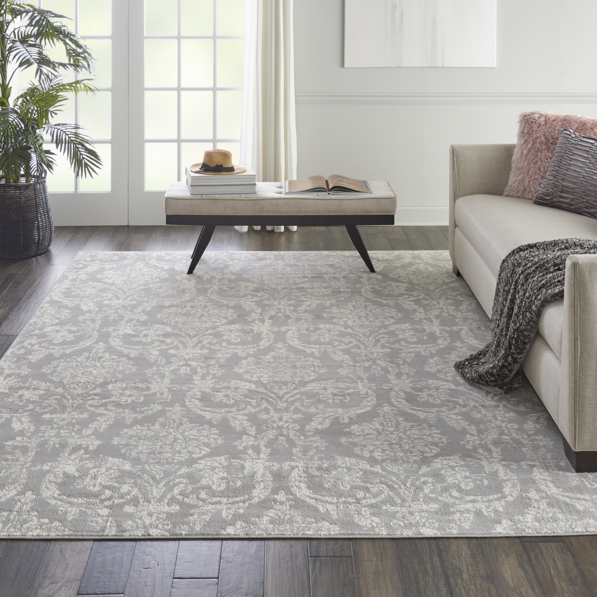 8" X 10" Gray Damask Power Loom Area Rug