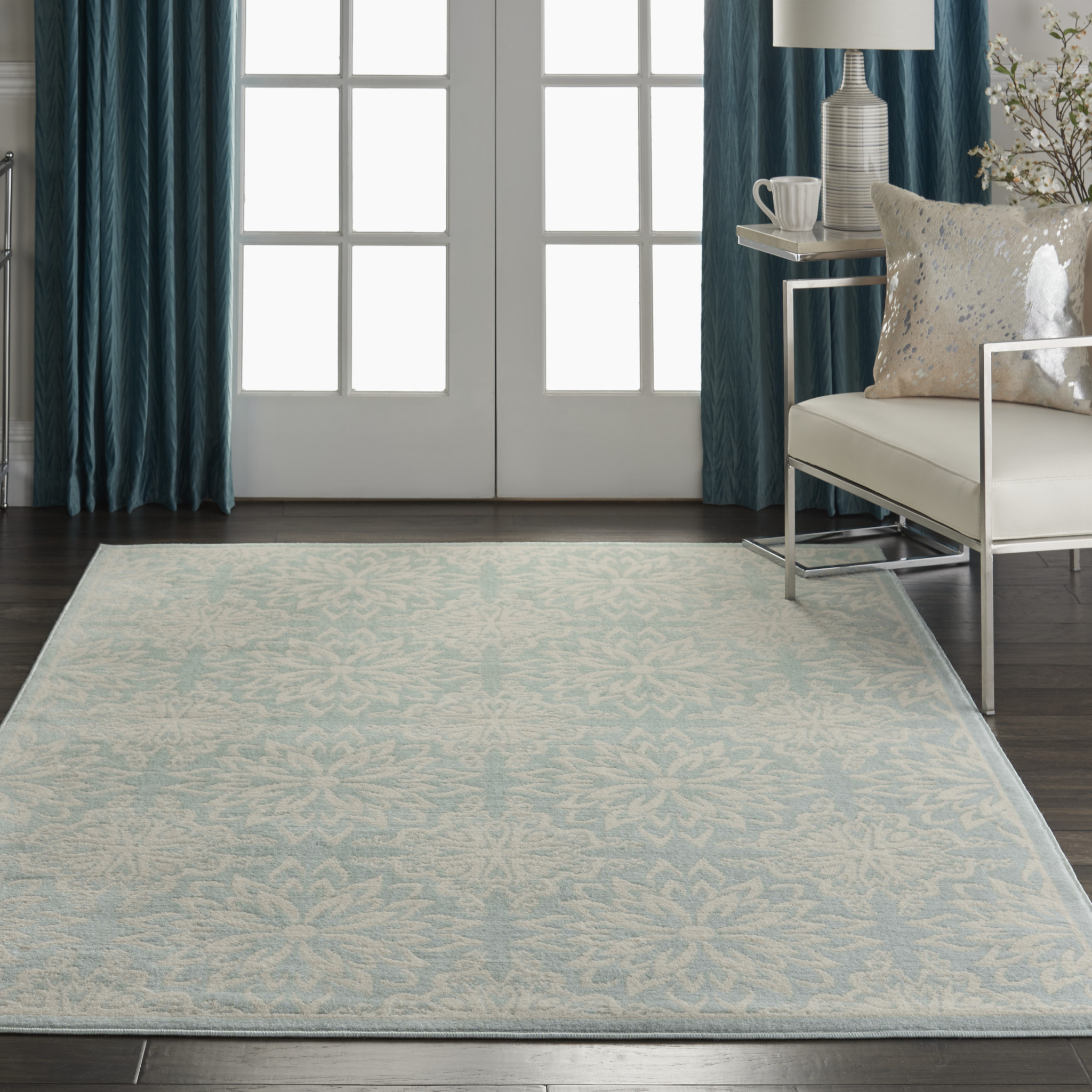 5" X 7" Blue and Ivory Floral Medallion Power Loom Area Rug