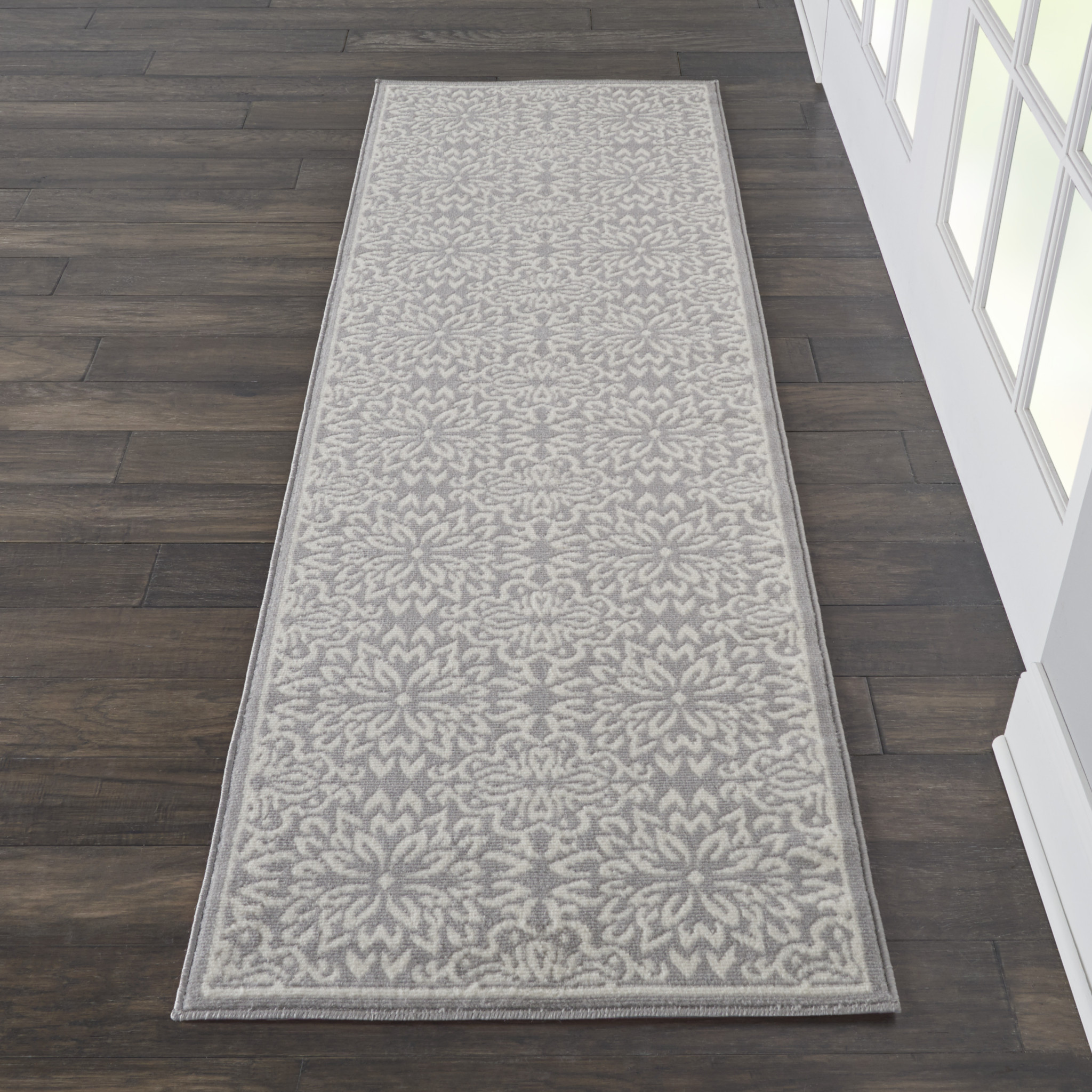7" Gray Floral Power Loom Runner Rug