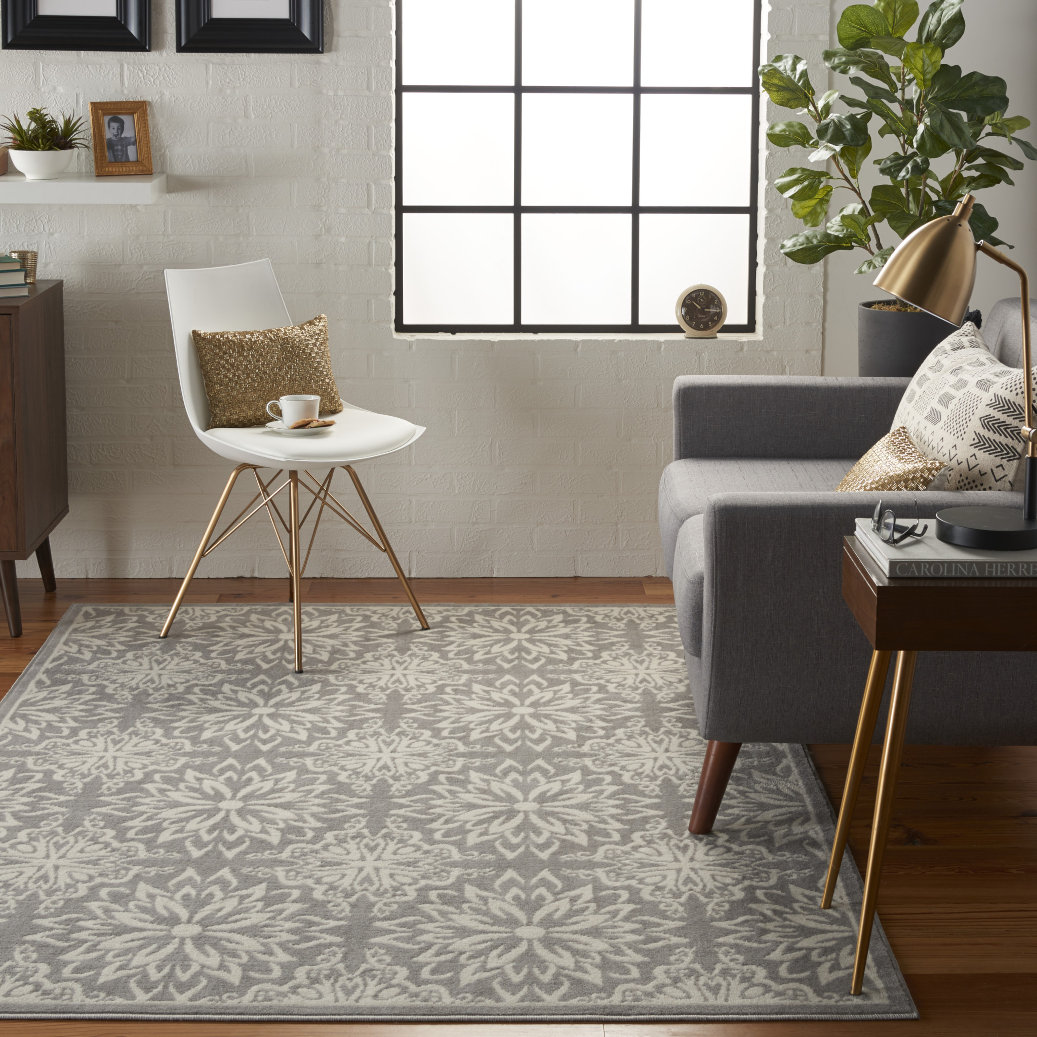 4" X 6" Gray Floral Power Loom Non Skid Area Rug