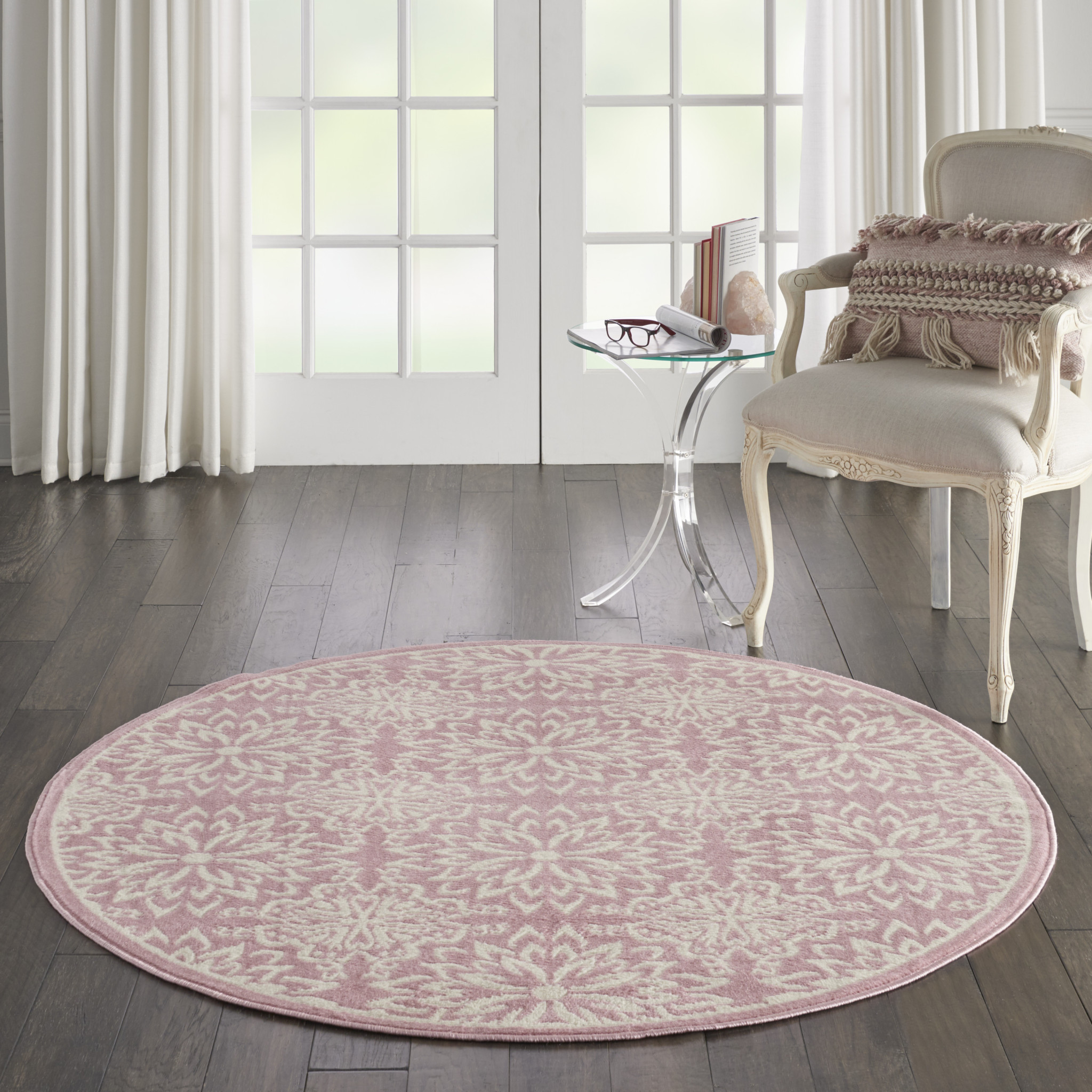 5" Pink Round Floral Power Loom Area Rug