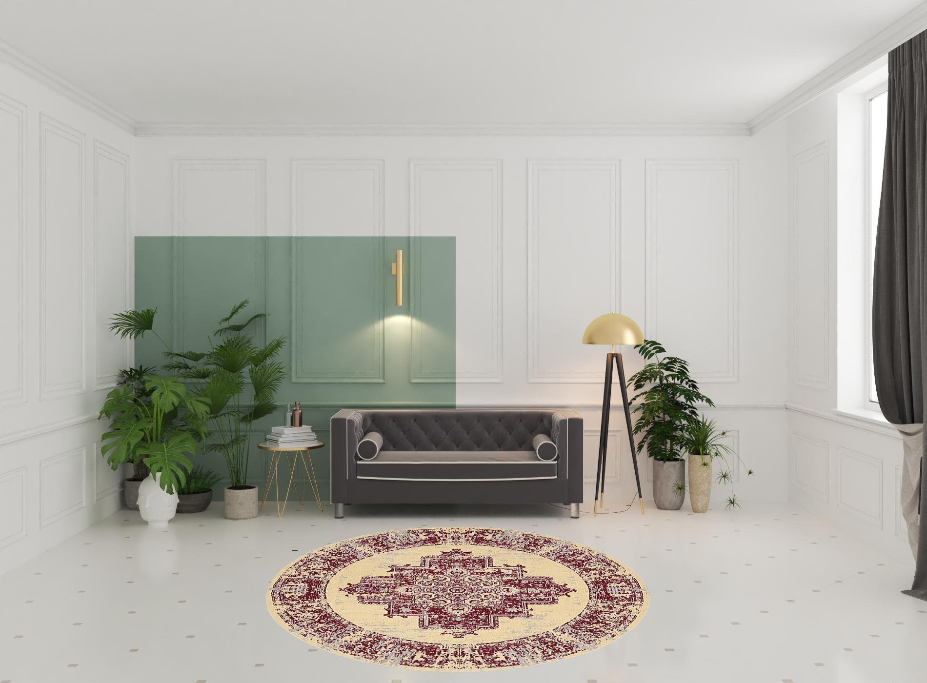8 cream Round Damask Power Loom Area Rug