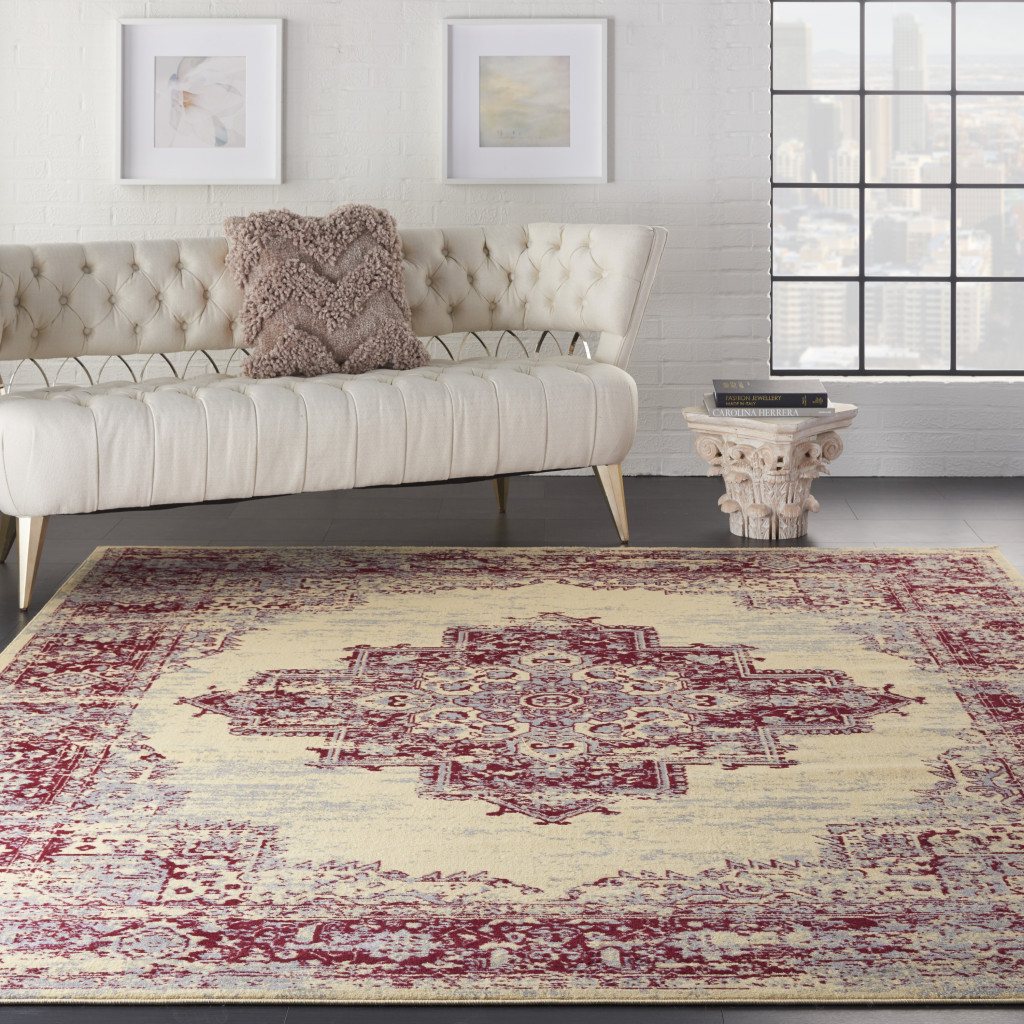 7" X 10" Cream Damask Power Loom Area Rug