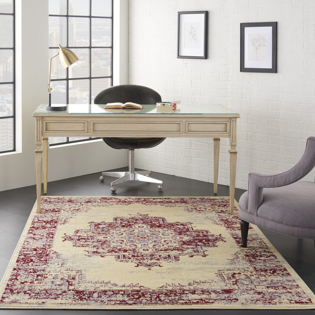 5" X 7" Cream Damask Power Loom Area Rug