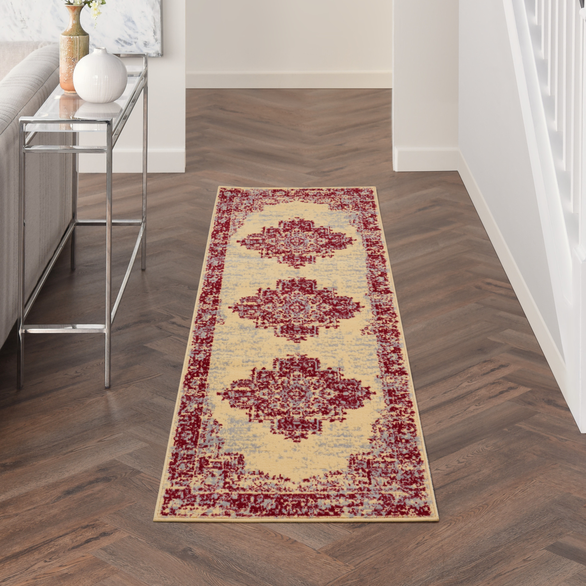 8" Cream Damask Power Loom Runner Rug