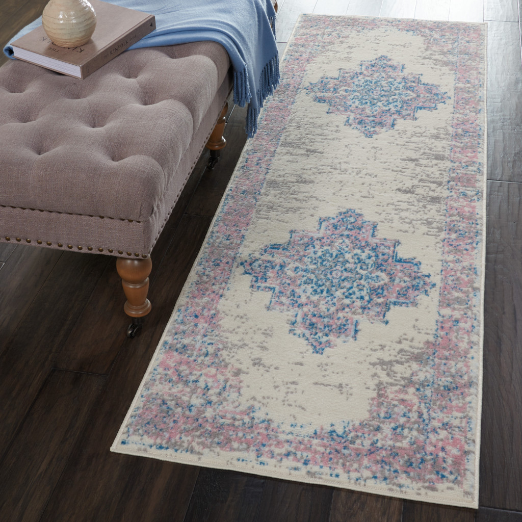 8" Pink Damask Power Loom Runner Rug