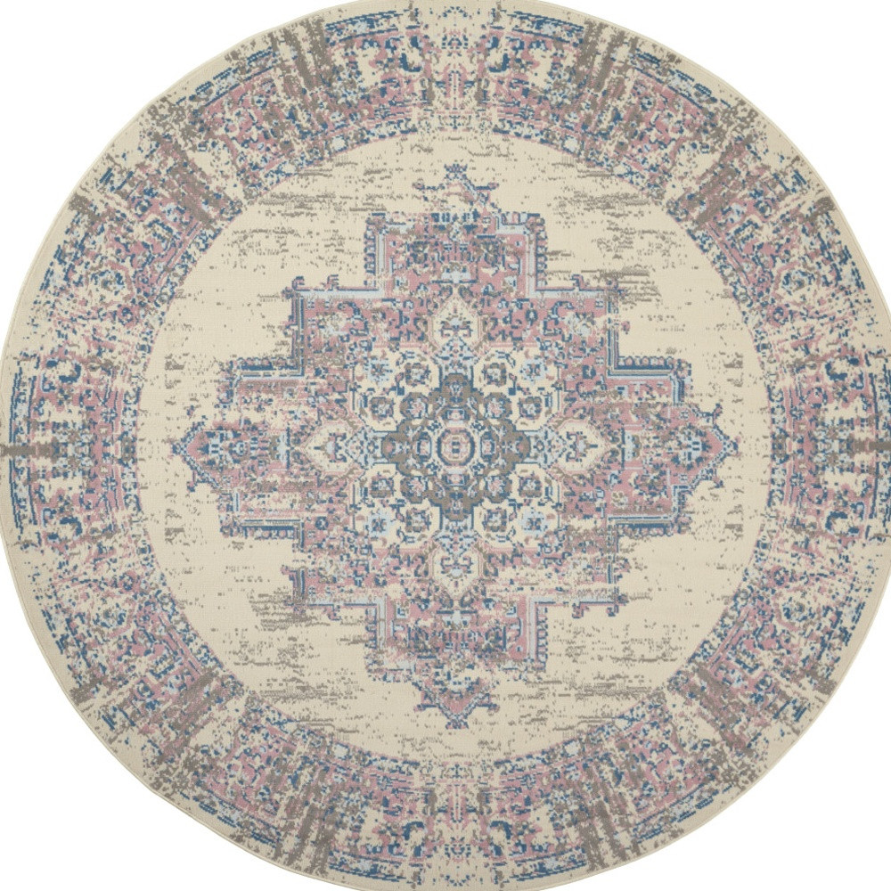 8" Pink Round Damask Power Loom Area Rug