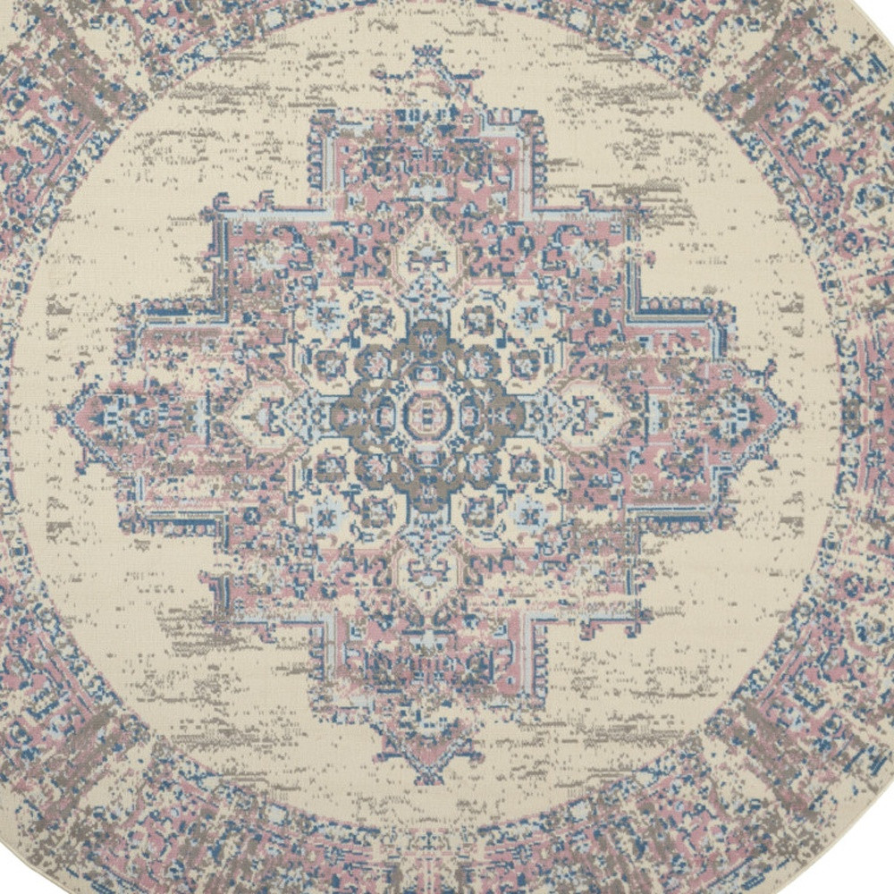 8" Pink Round Damask Power Loom Area Rug