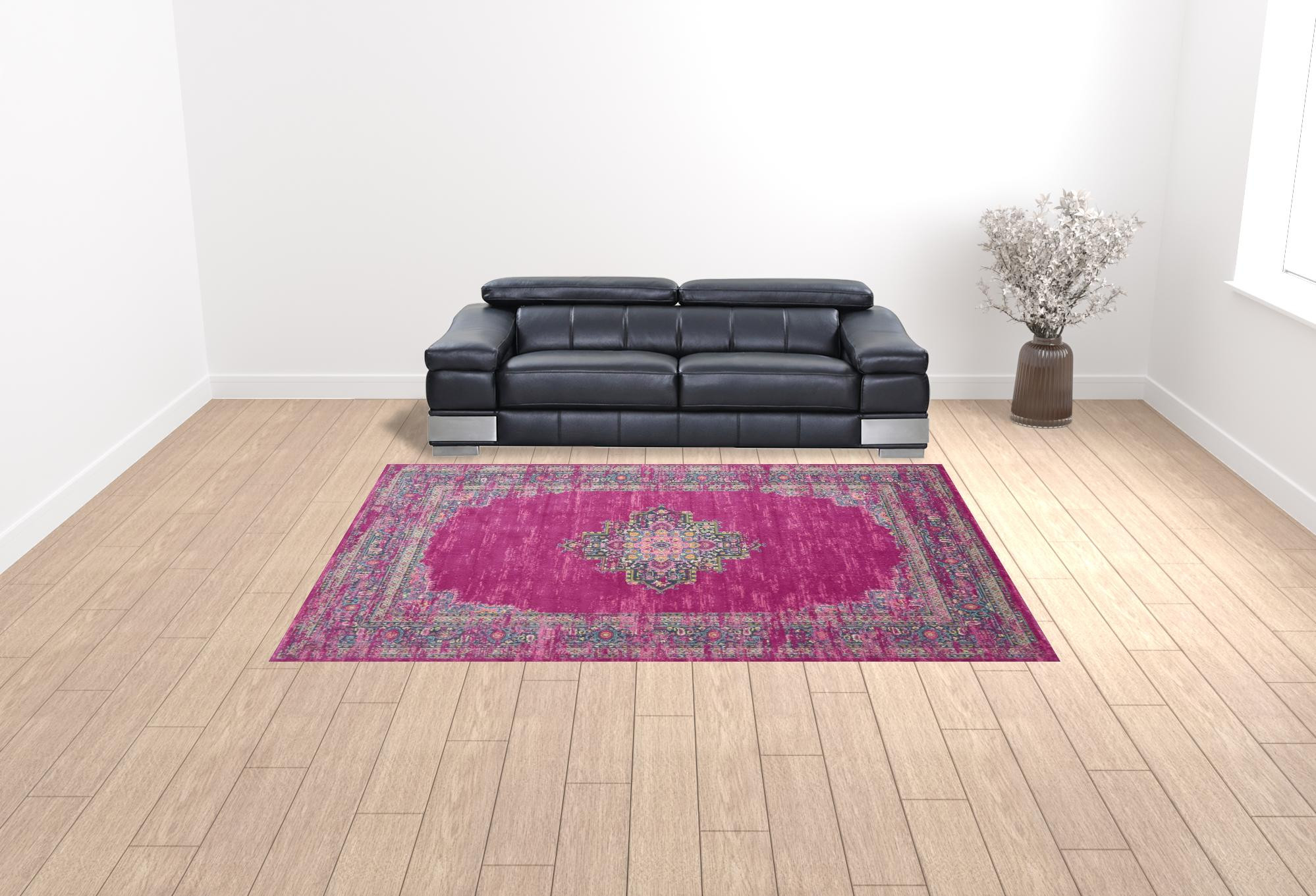 9" X 12" Fuchsia Floral Power Loom Area Rug