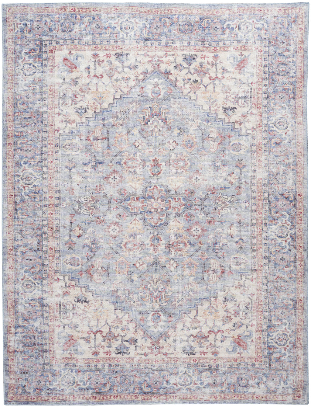 9" X 12" Blue Floral Power Loom Distressed Area Rug