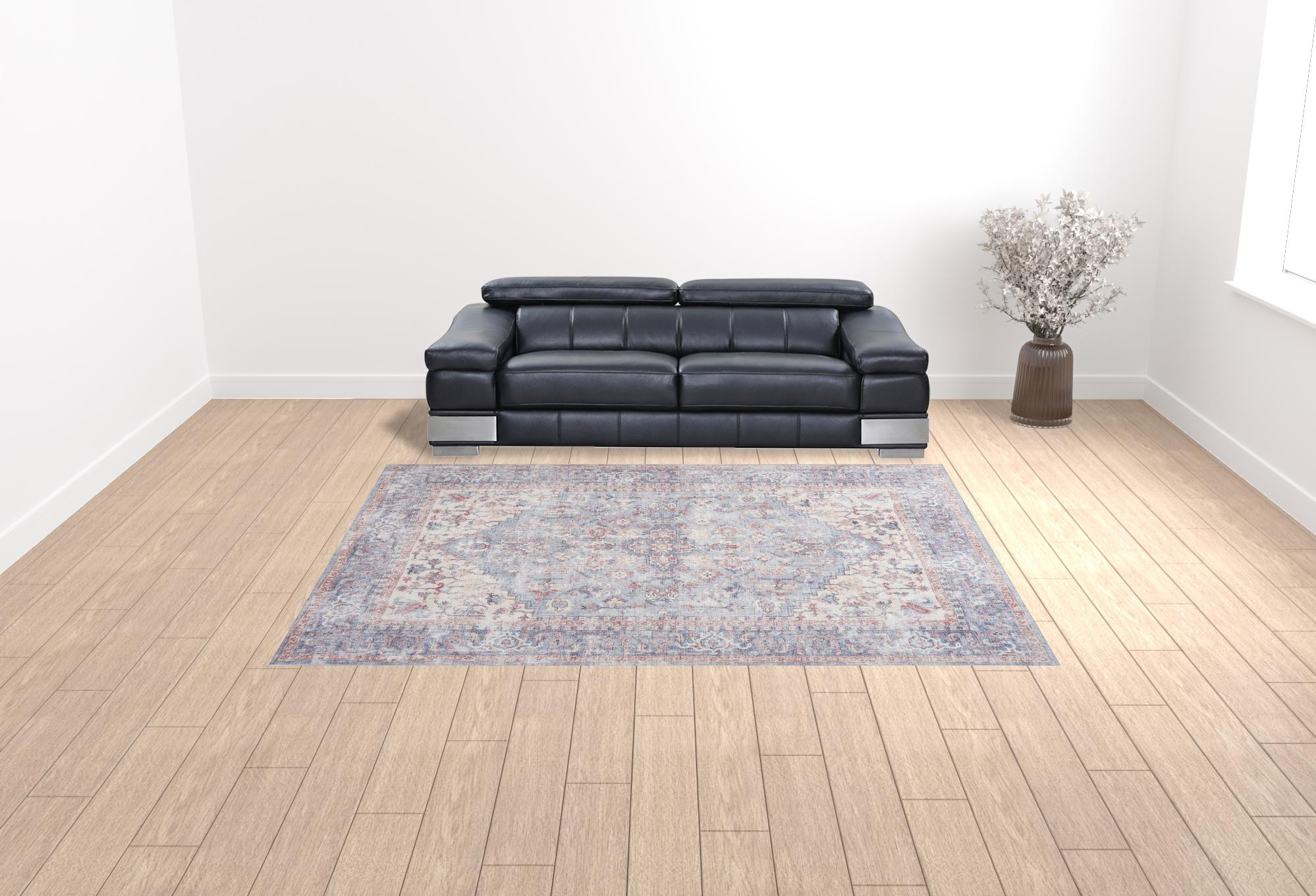 9" X 12" Blue Floral Power Loom Distressed Area Rug