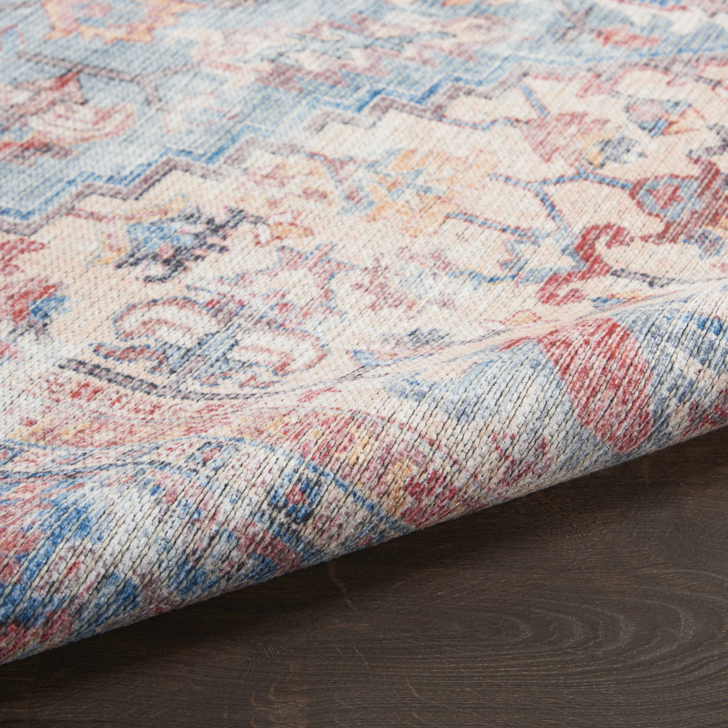 9" X 12" Blue Floral Power Loom Distressed Area Rug