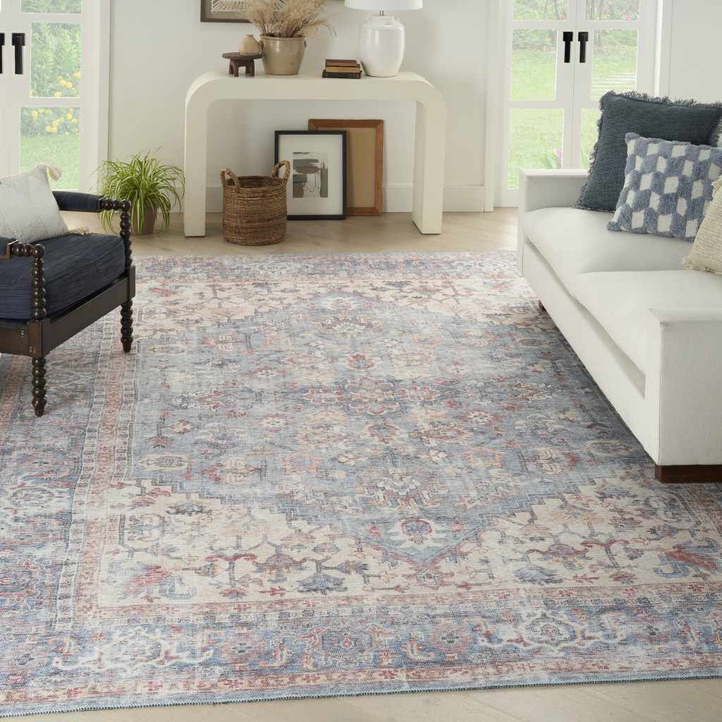 9" X 12" Blue Floral Power Loom Distressed Area Rug