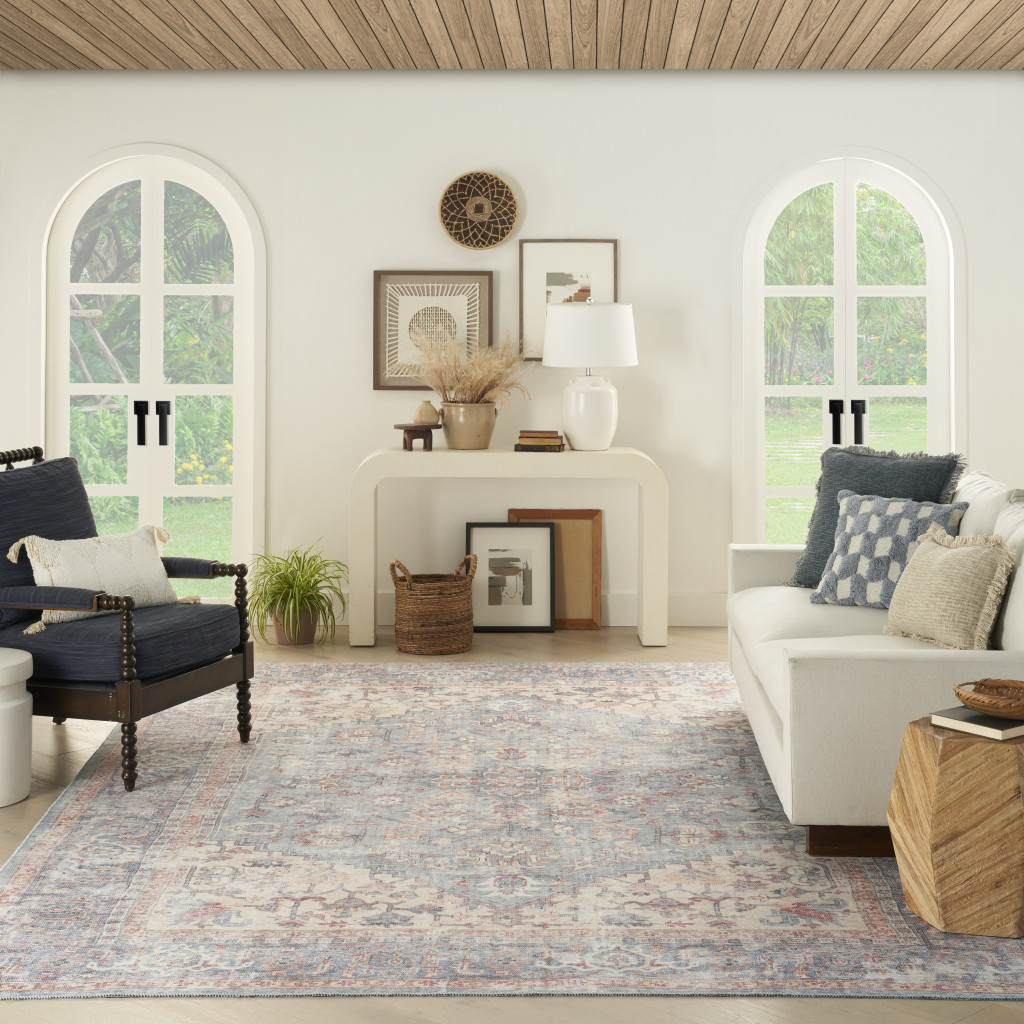 9" X 12" Blue Floral Power Loom Distressed Area Rug