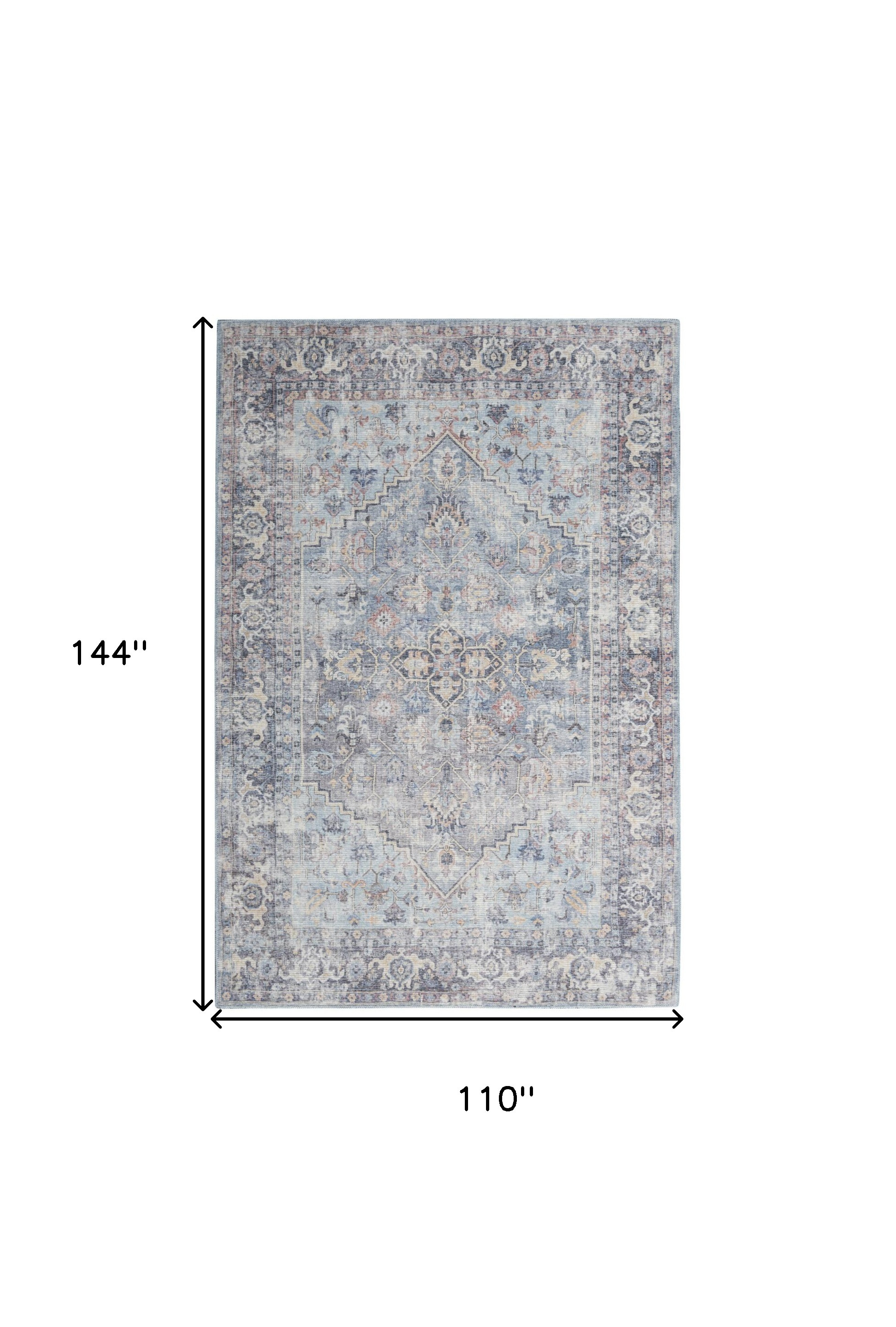 9" X 12" Blue and Gray Floral Medallion Power Loom Distressed Washable Area Rug