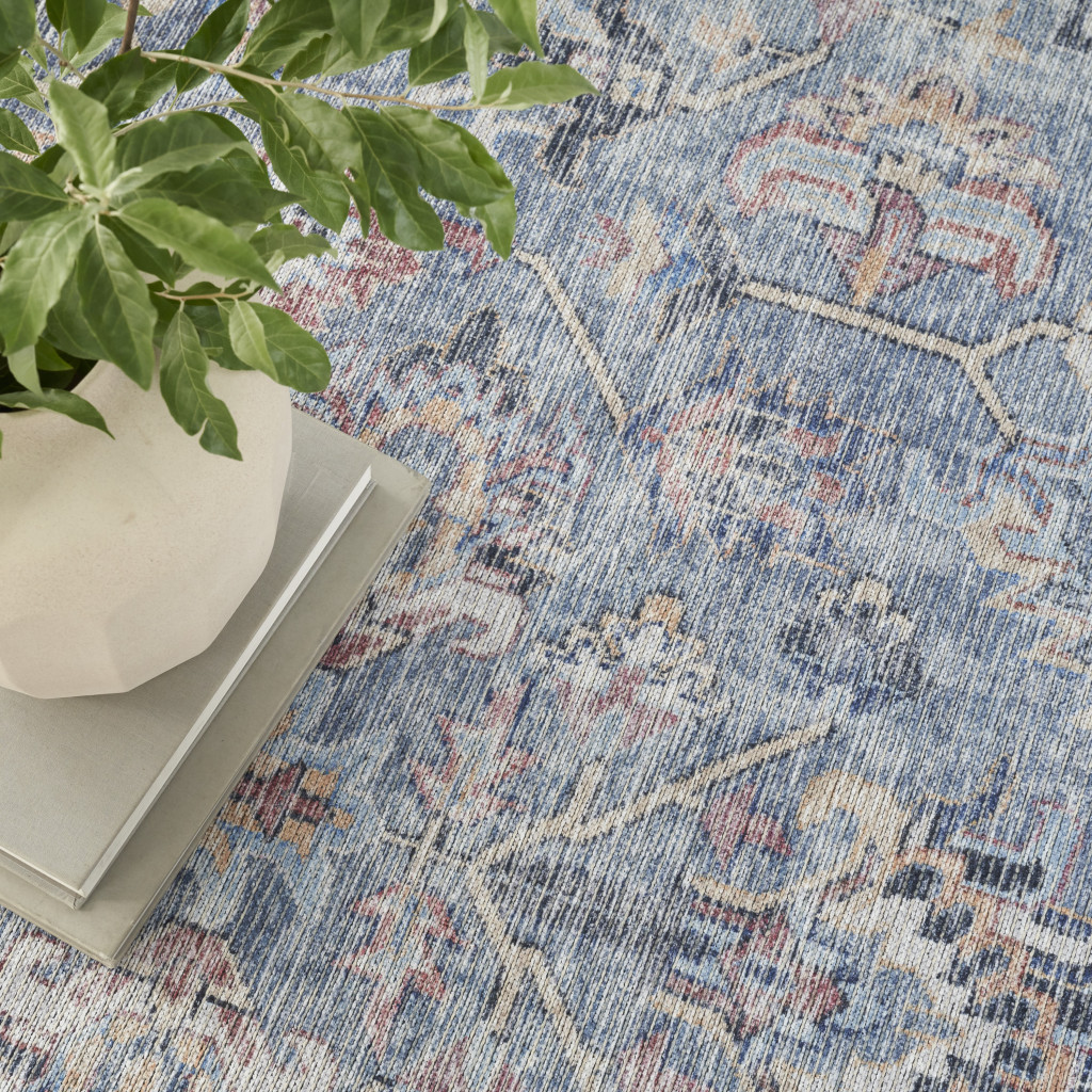9" X 12" Blue and Gray Floral Medallion Power Loom Distressed Washable Area Rug