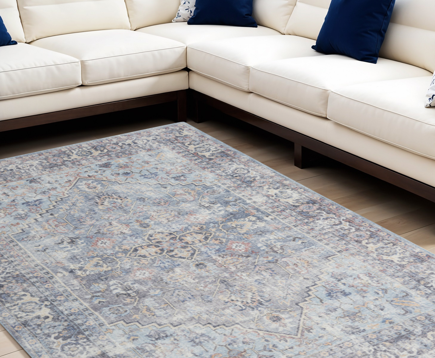 9" X 12" Blue and Gray Floral Medallion Power Loom Distressed Washable Area Rug