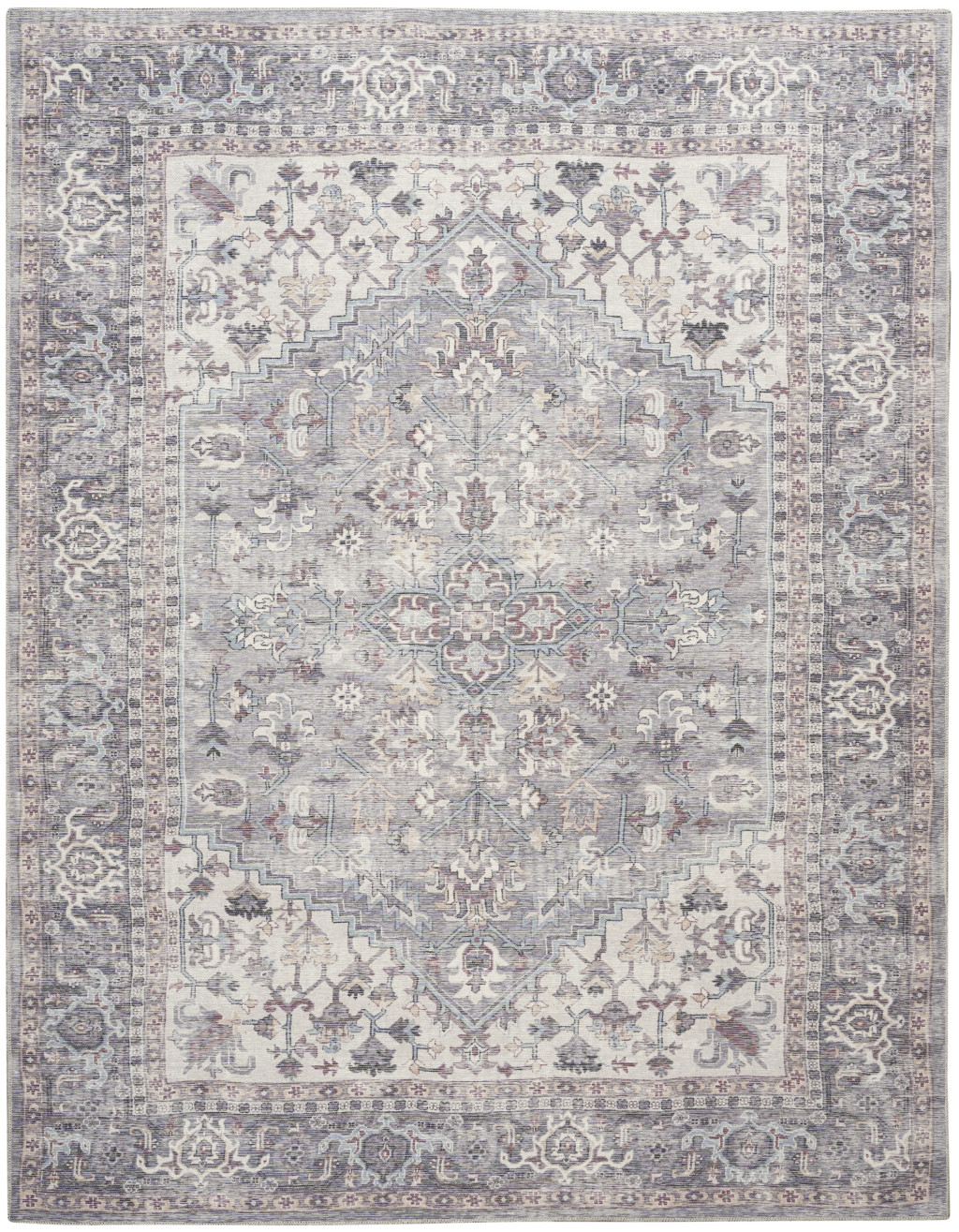 9" X 12" Gray Floral Power Loom Distressed Area Rug