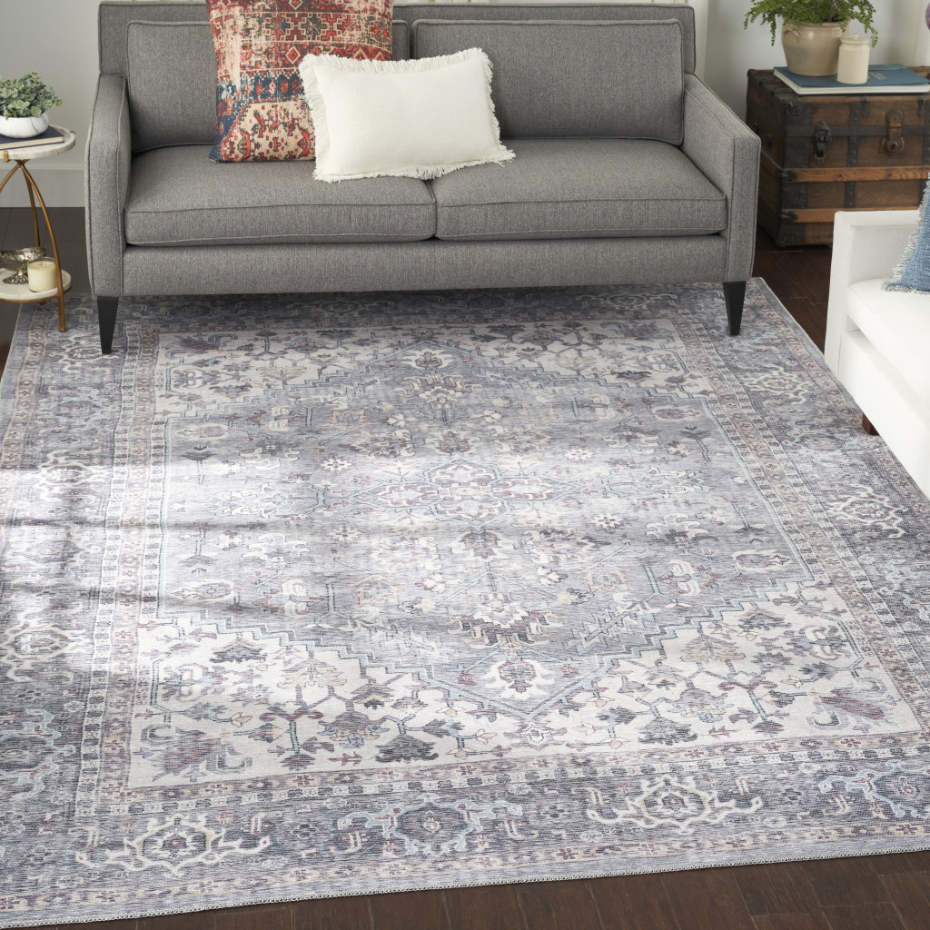 9" X 12" Gray Floral Power Loom Distressed Area Rug