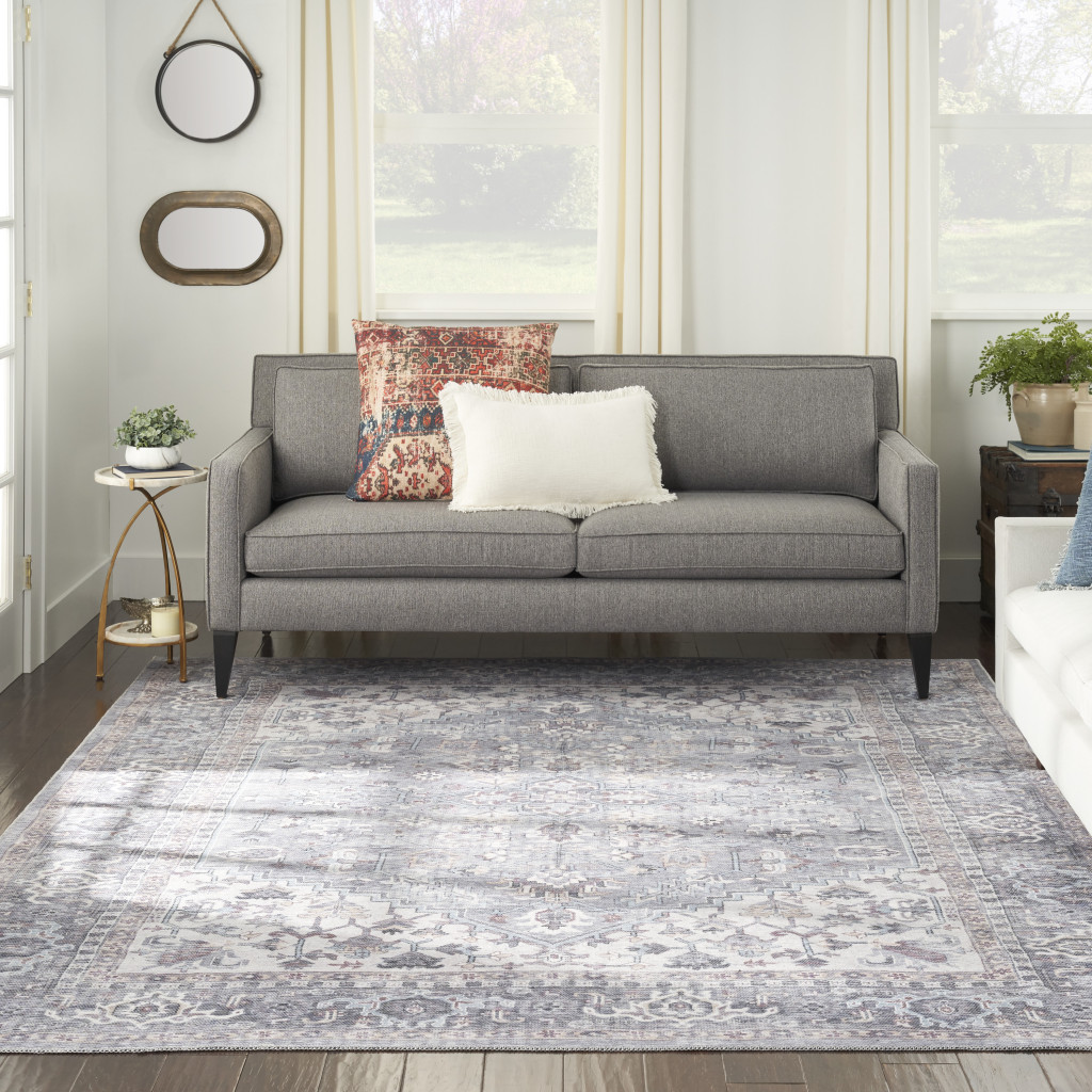 9" X 12" Gray Floral Power Loom Distressed Area Rug