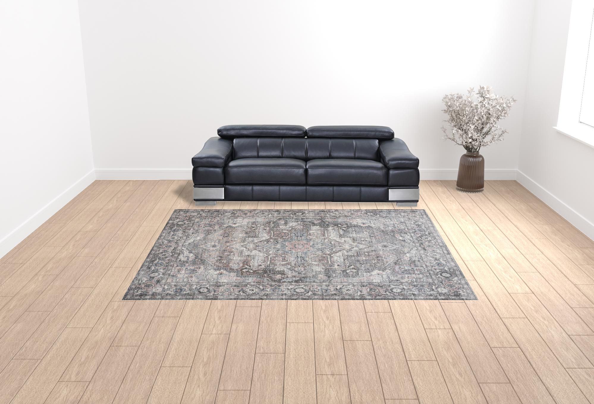9" X 12" Gray Floral Power Loom Distressed Washable Area Rug